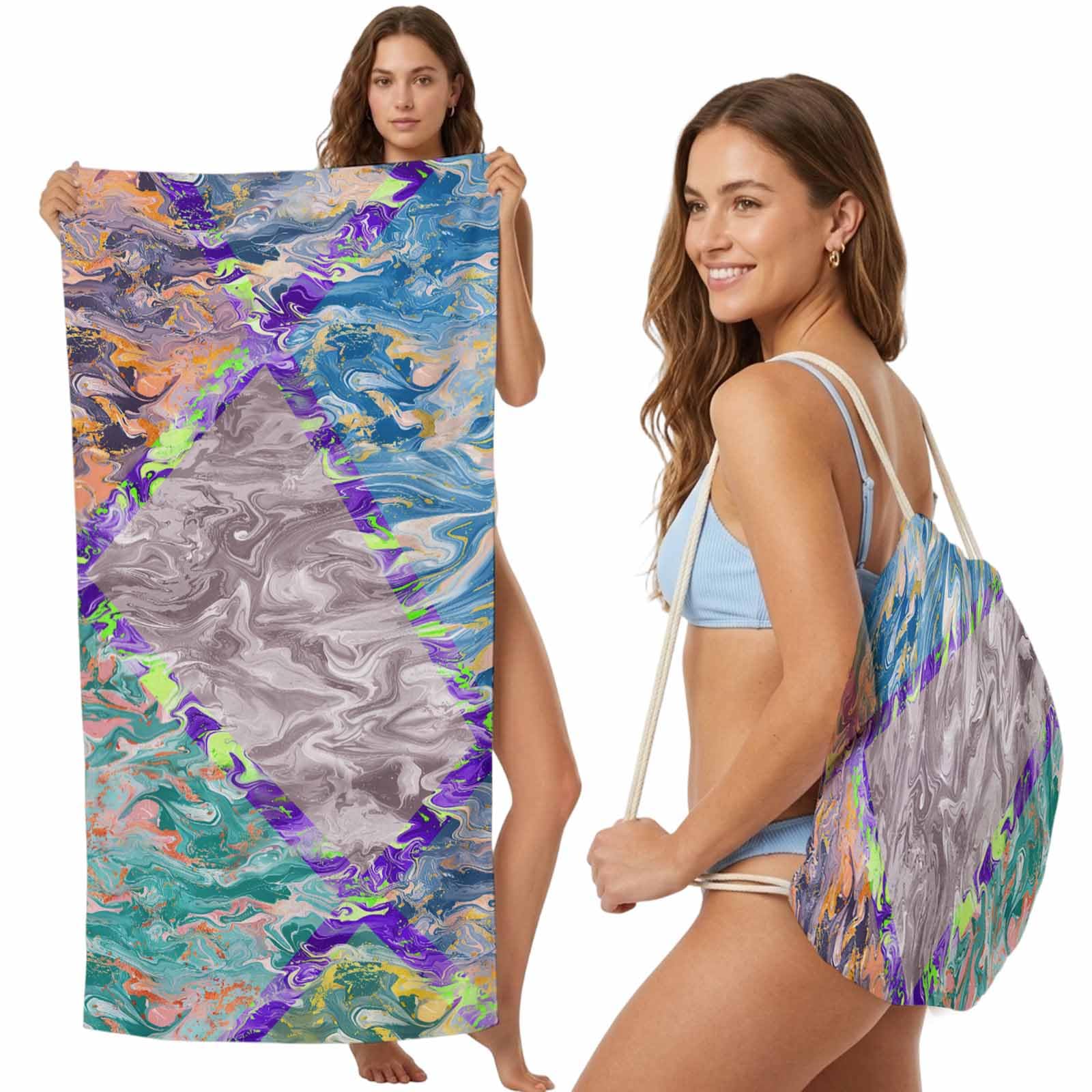 FWJZDSP Beach Towel Backpack Convertible Abstract Mable Retro Sand Free Quick Dry Towel Bag Geometic Modern Beach Towel with Adjustable Straps for Travel Swimming Pool Beach Accessories 31.5x63in