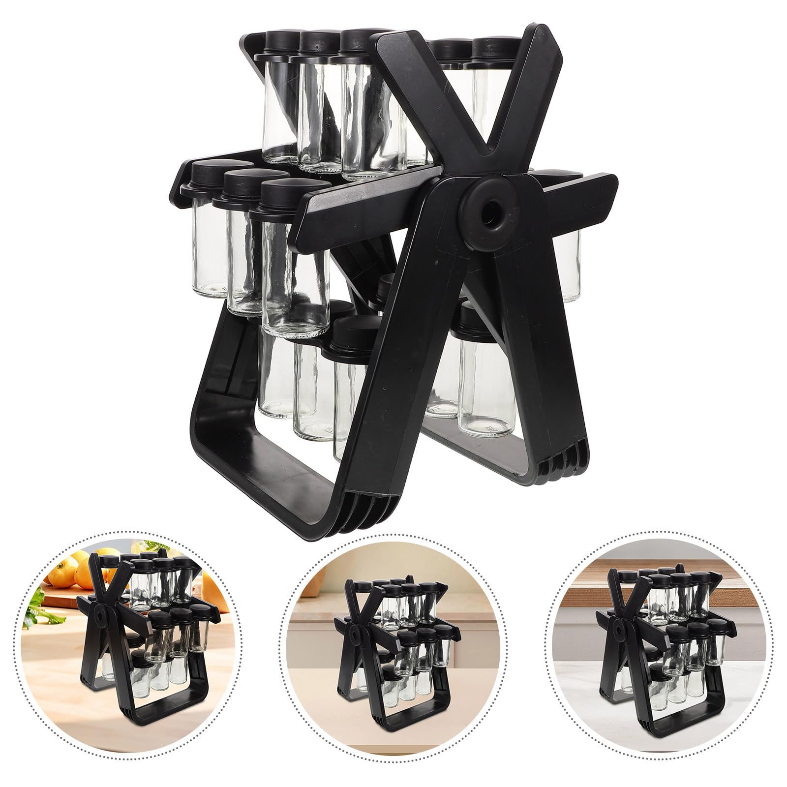 Organizador de Cocina con Frascos de Vidrio Transparentes y Estructura Ahorradora de Espacio en Forma de Noria para Almacenar Especias y Condimentos