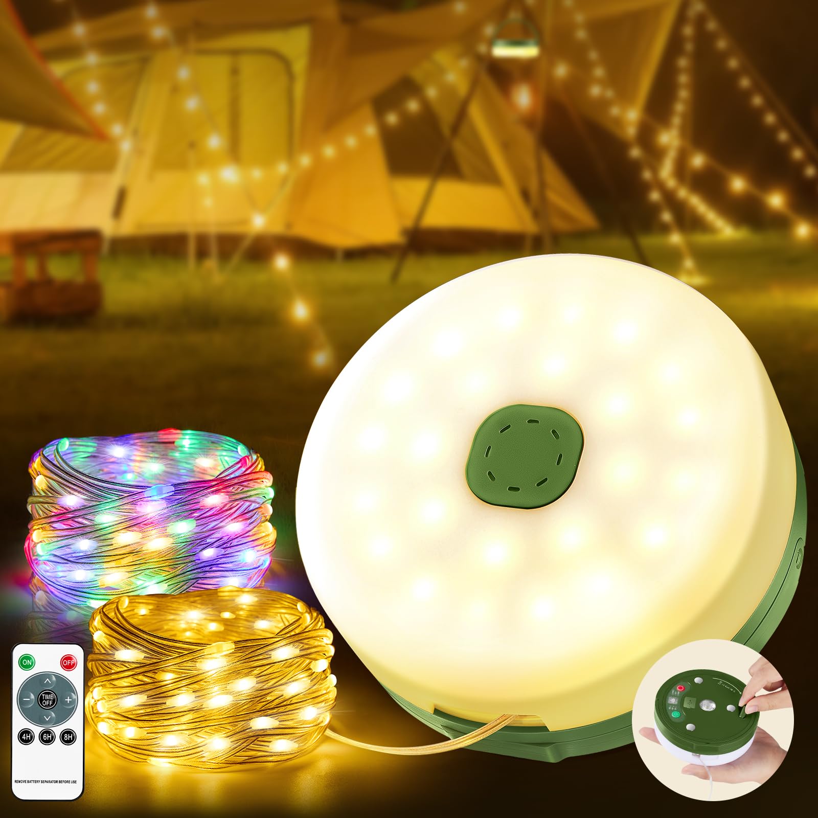 Camping Lichterkette Aufrollbar,10M 100LED Wasserdicht Tragbare Vielseitige LED Lichterkette Außen mit 14 Beleuchtungsmodi, 2500mAh USB Aufladung Campinglampe Lichterkettefür Camping, Garten, Wandern