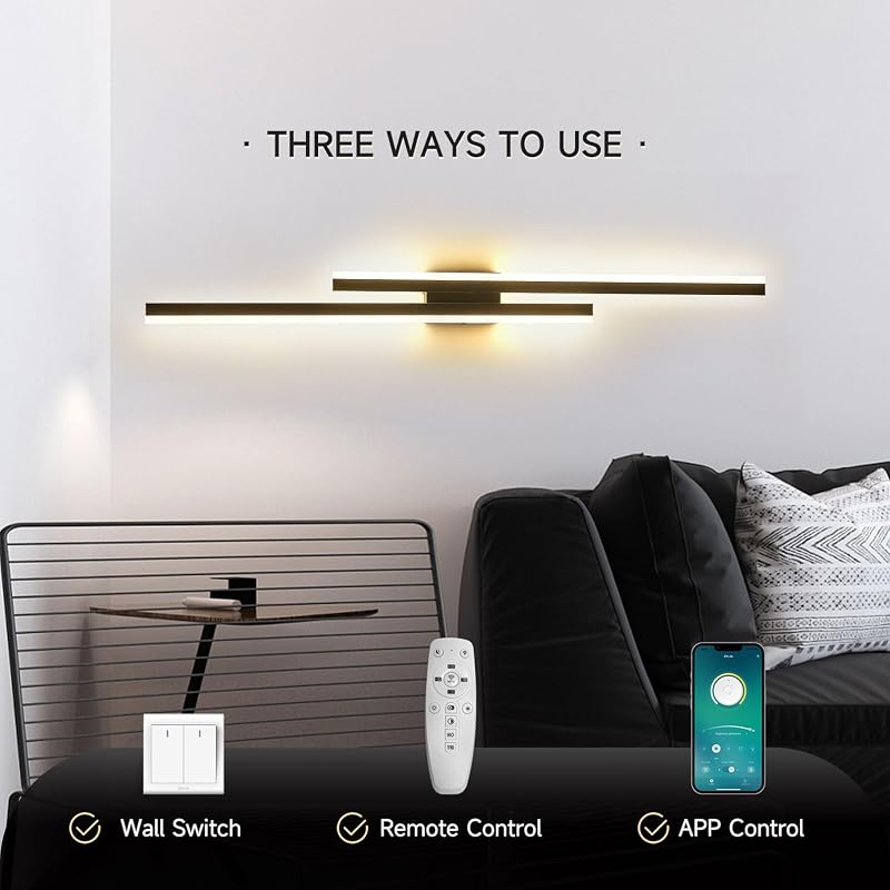 SUCIKORIO 100 cm LED Fali Lámpa - 48W Fekete Minimál Dizájn, 3000K-6500K Szabályozható Fényerő, Távirányítós és Applikációs Vezérlés Nappali