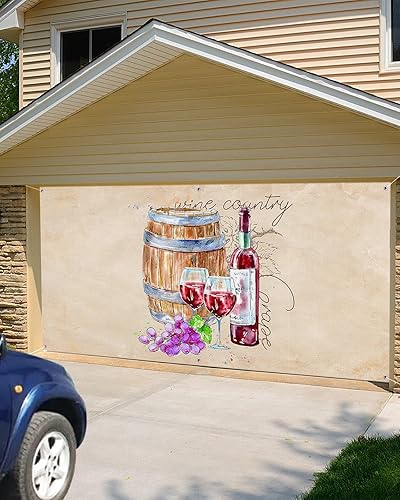 Miniatura 5 de Summer Autumn Red Wine Garage Door Decorations, Farmhouse Wooden Barrel Garage Door Banner Cover with Grommets, Garage Door Mural Backdrop