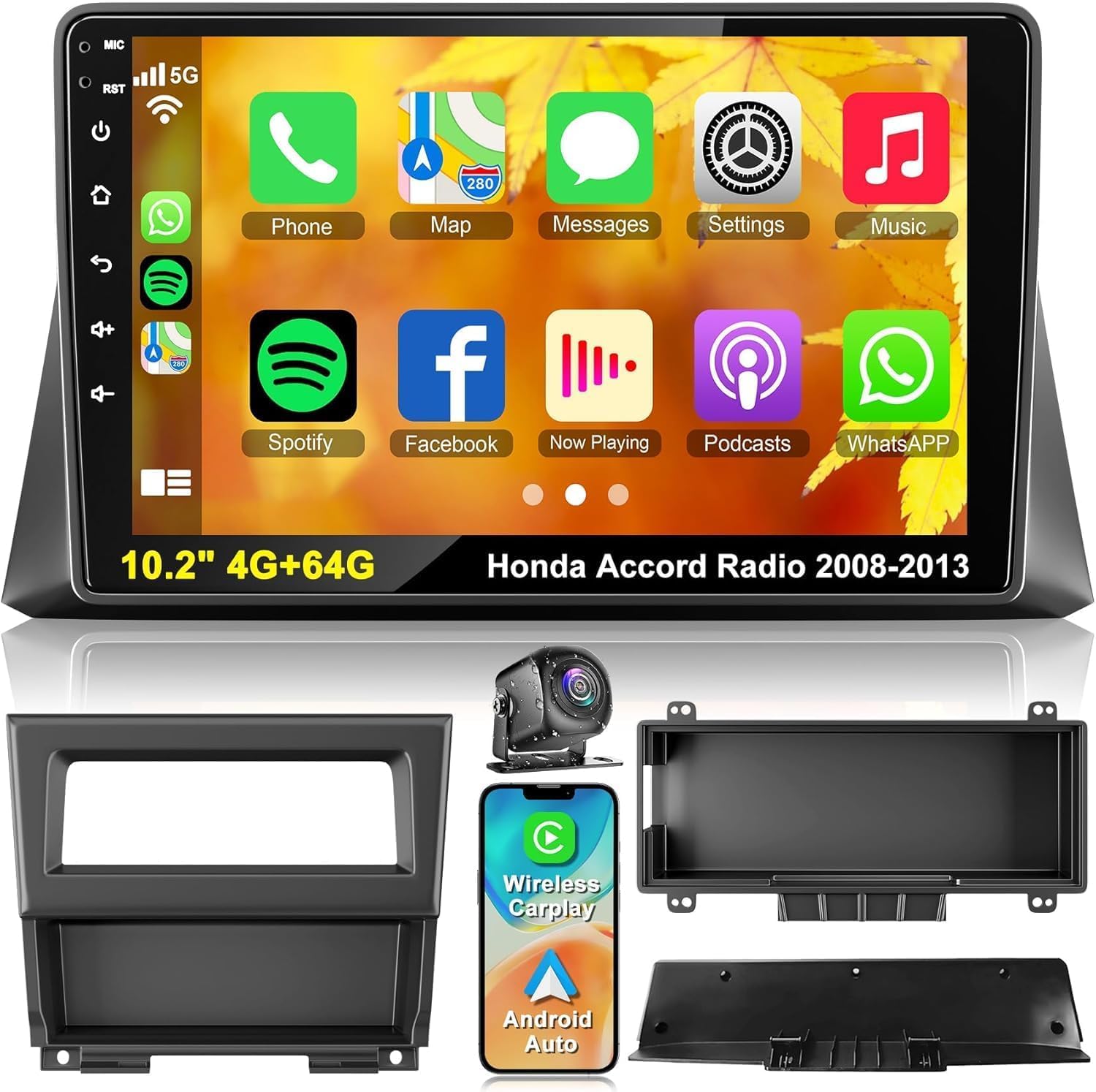 Android 13 Car Stereo for Honda Accord 2008-2013 4G RAM+64G ROM, 10.2 Inch IPS Touch Screen Car Radio with Wireless Carplay/Android Auto,GPS, WiFi, Bluetooth5.2, Support OBD2/DVR/DSP