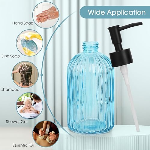 Miniatura 7 de Paquete de 2 dispensadores de jabón de vidrio a rayas con bomba de plástico negro, dispensador de jabón líquido de manos de 13.5 fl oz, bomba a