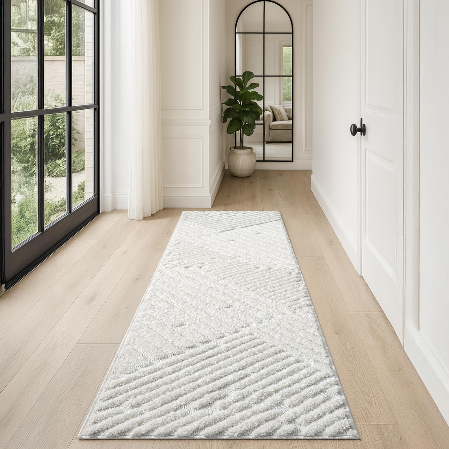 Tapis de couloir bohème crème pour une chambre douce et moderne