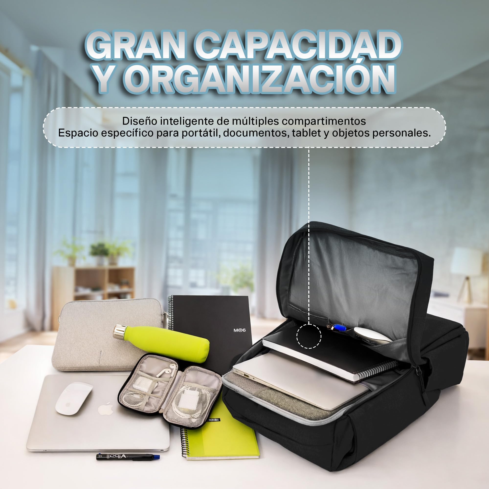 ONAAM Mochila Portatil 15,6" Ligera 0,5kg para Trabajo y Oficina Hombre Mujer, Mochila Ordenador Impermeable con Puerto USB y Estuche Portacables, Viaje Universidad Elegante Negro