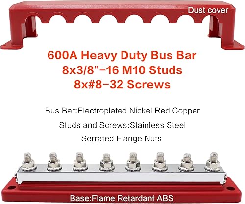 Miniatura 2 de Barra de bus resistente de alta corriente 600 A, 300 V CA48 V CC, 8 vías 38 pulgadas (M10), bloque de distribución de tierra de terminal de cableado