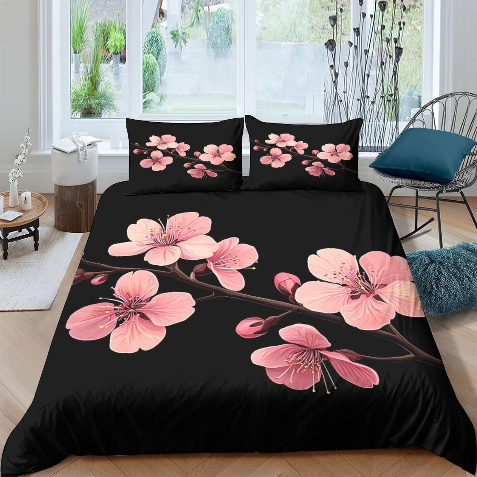 Ctjqhvkz Style-6 3D Printed Sakura Blossom Fitted Sheet Microfiber Black Floral Mattress Cover For Bedroom Dorm Bed Protection Decor Single（135X200cm）