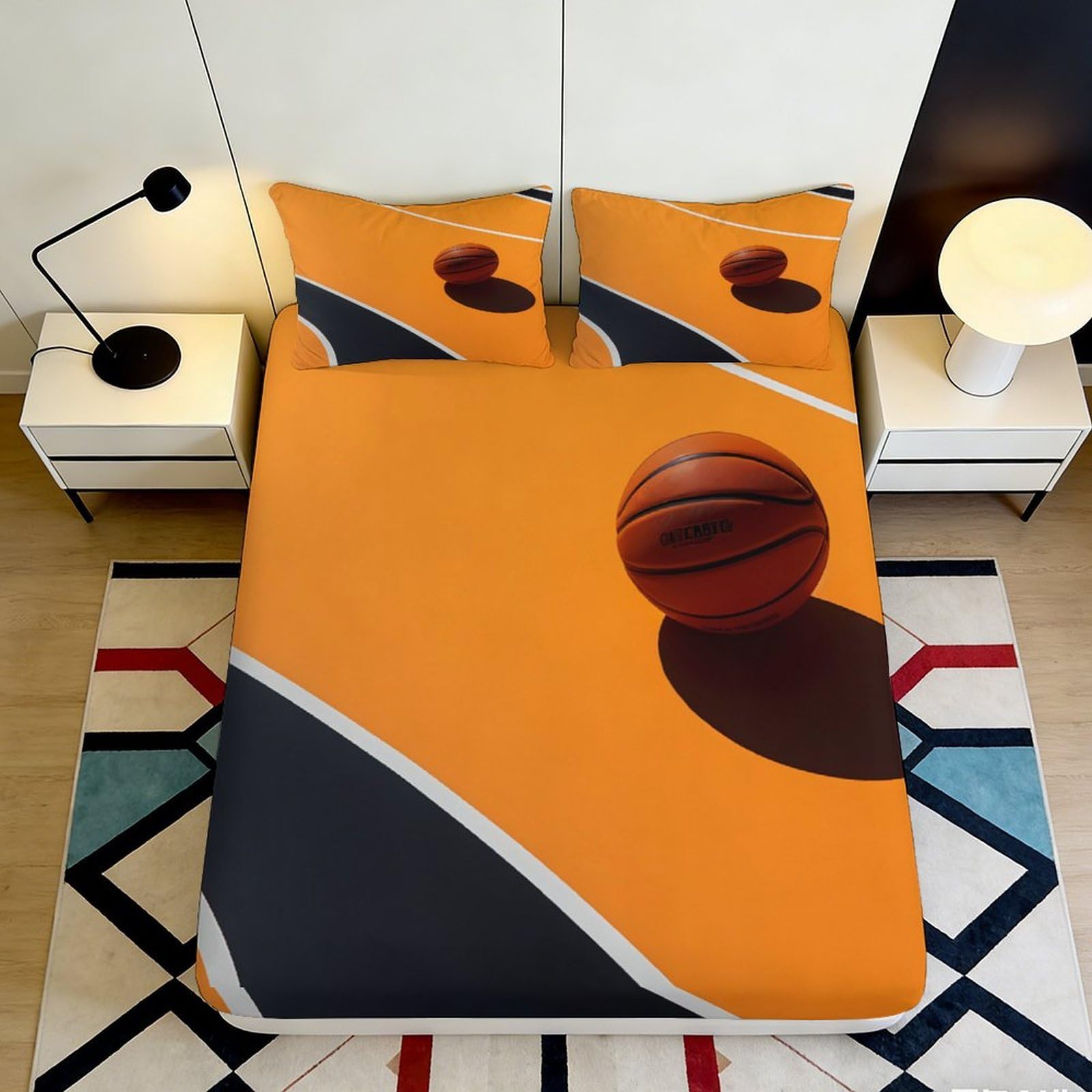 3D Printed Basketball Court Fitted Sheet Microfiber Durable Soft 3D Printed Basketball Bed Cover for Bedroom Dormitory Guest Room Mattress Protection 180x200x25cm