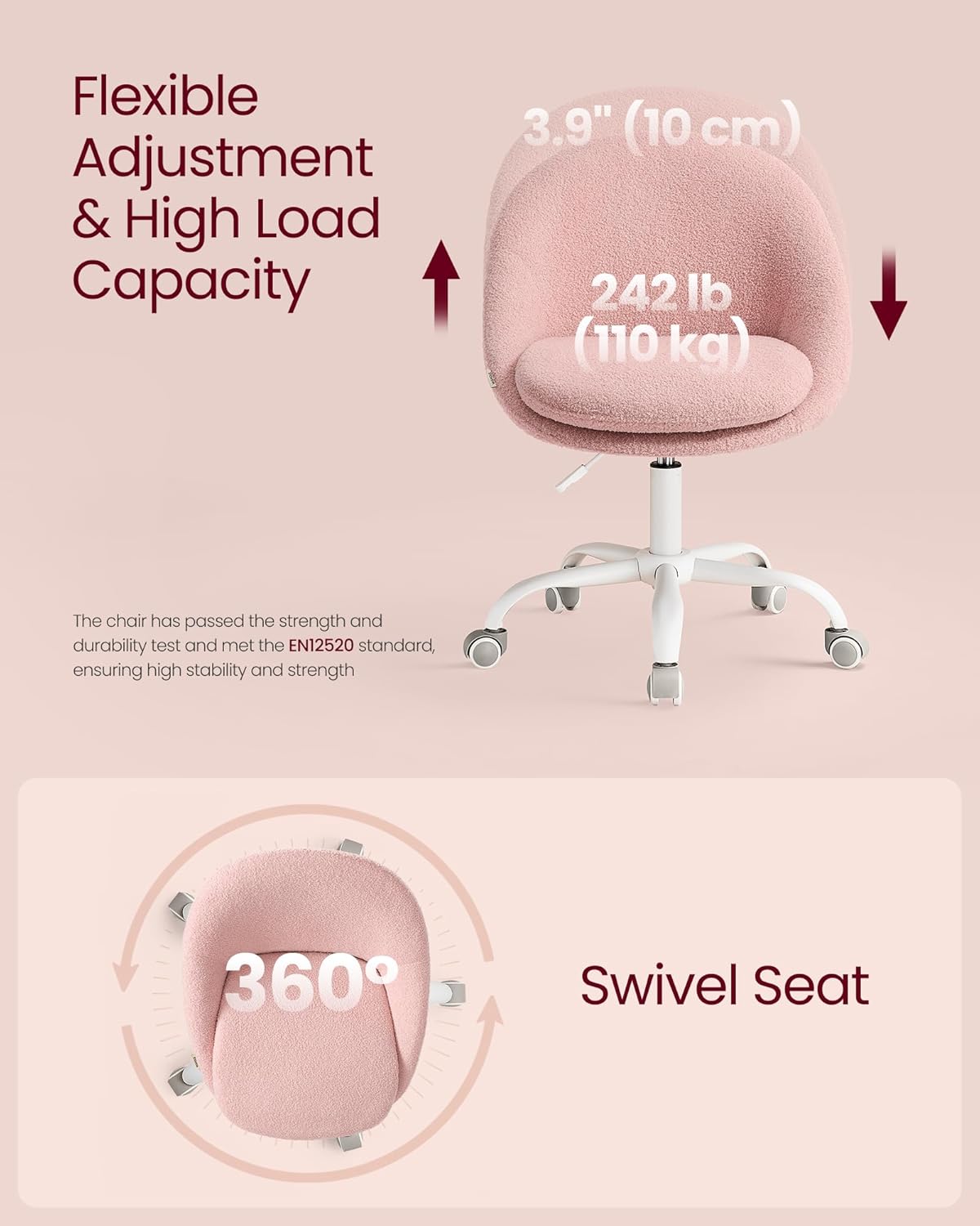 VASAGLE Vanity Chair with Lumbar Support, Adjustable Swivel Armless Desk Chair, Teddy Fleece, Compact for Small Spaces, Bedroom, Jelly Pink UOBG020R93