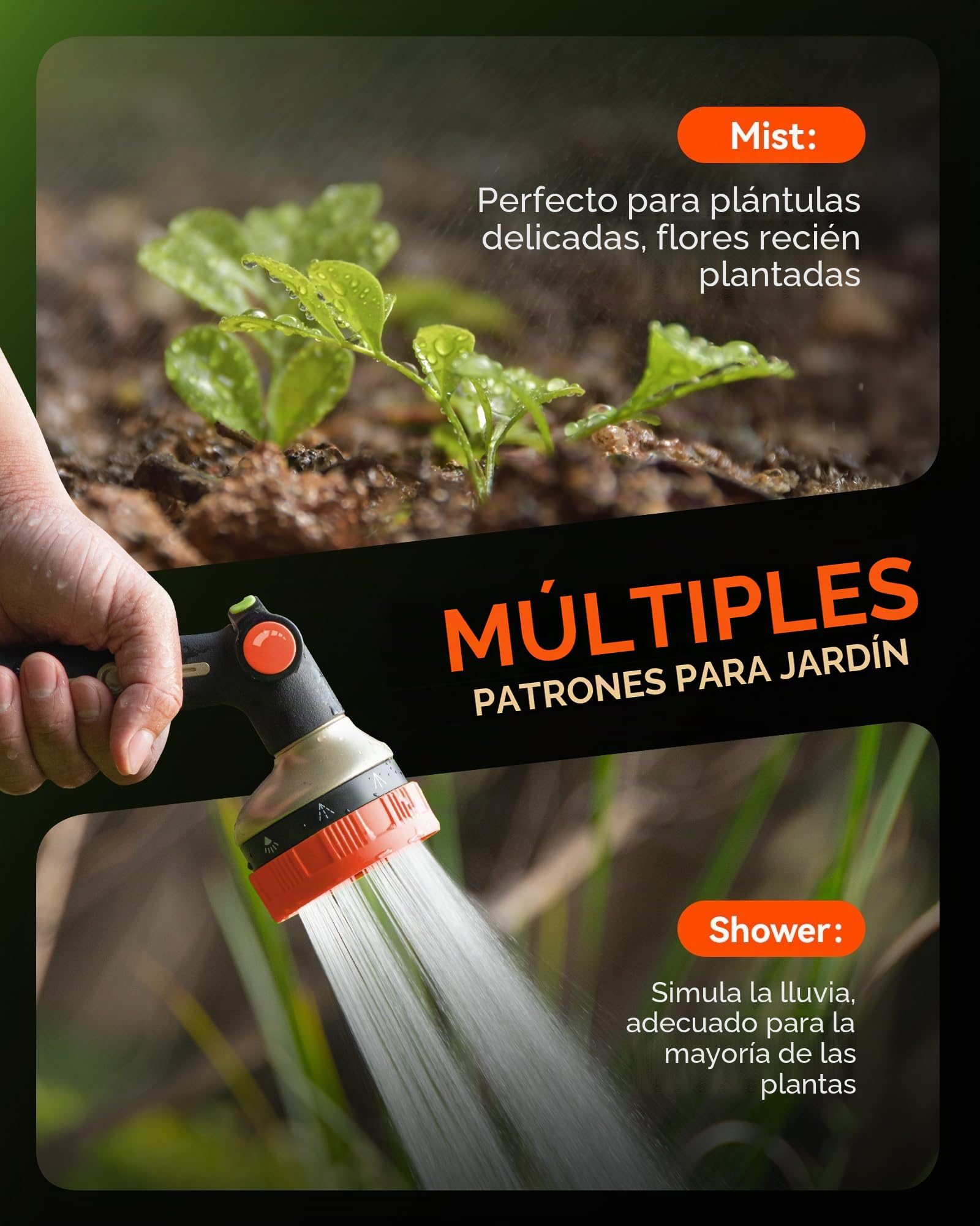 Pistola de Riego, Pistola de Agua para Jardín, 8 Modos Pulverizar Ajustable Pistola de Agua, para Limpieza de Automóvil/Riego del Césped, Baño de Mascotas,Limpieza de Jardines-Aceras