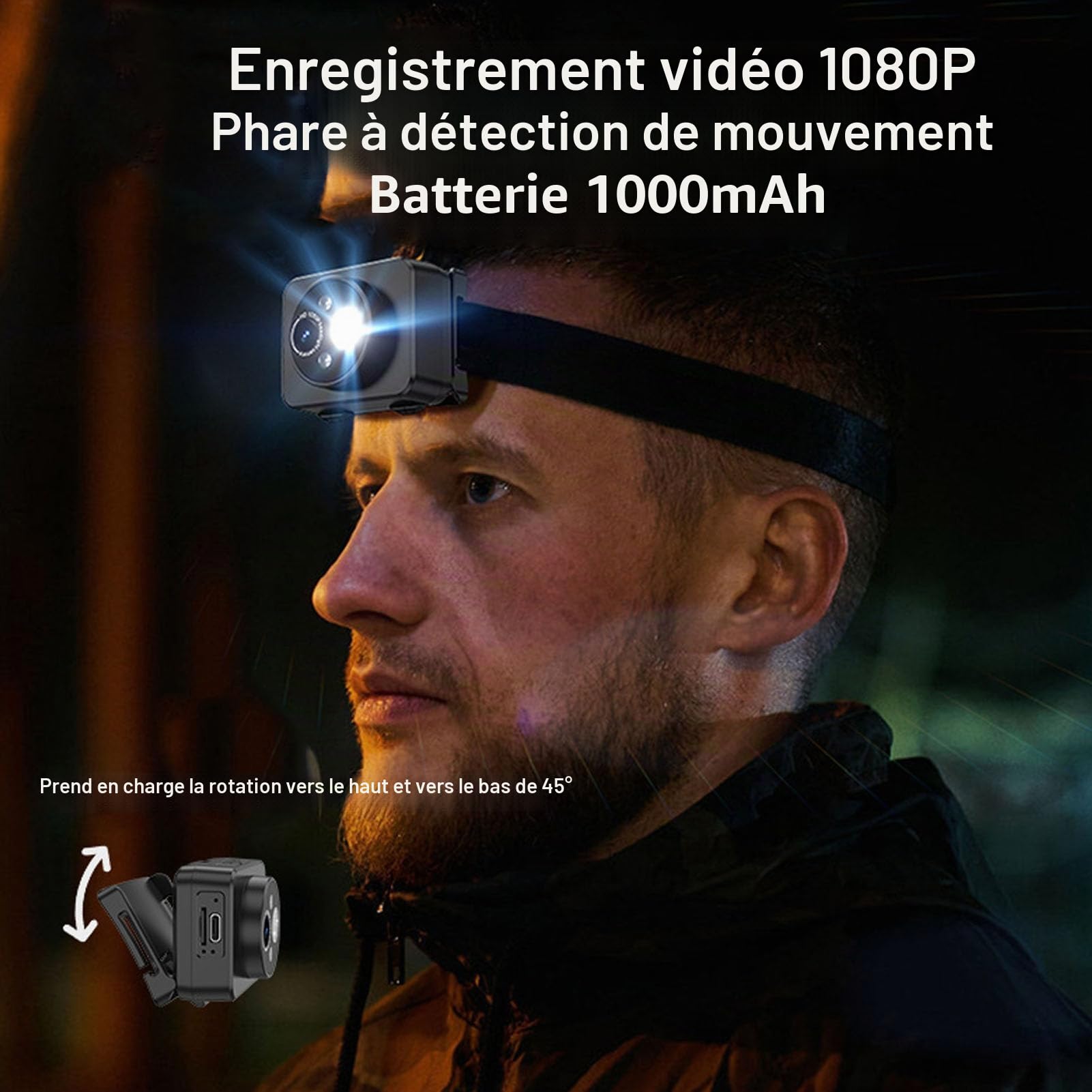 Tbest Caméra Frontale LED 1080P, Enregistreur Vidéo Mains Libres pour la Course à Pied, Le Cyclisme, Le Camping en Plein Air