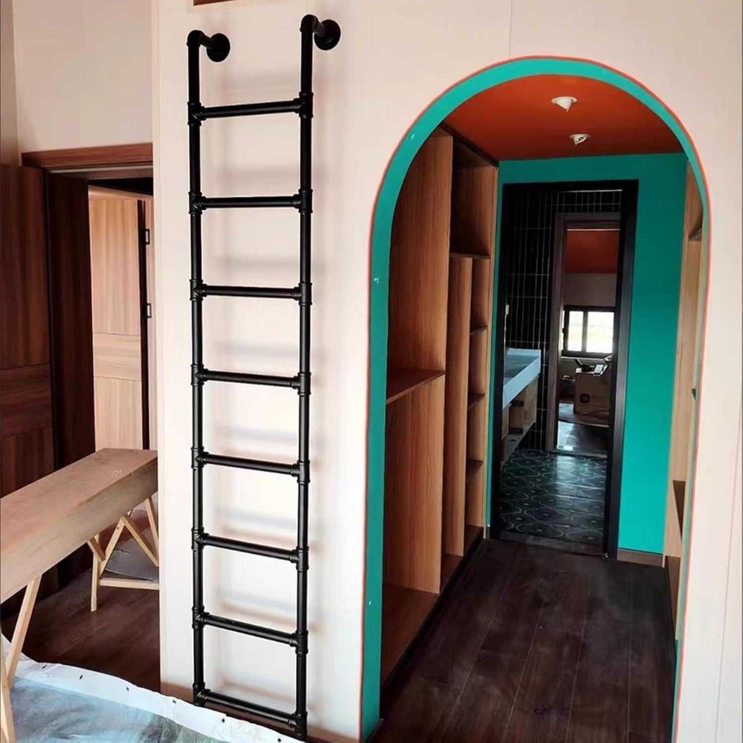 Heavy Duty Loft Ladder for Bunk Bed，Wrought Iron Basement Ladder Tall Bed Safety Side Climb Ladder - Black Metal Steps Ladder for High Bed Outside Deck RV Apartments,A-2.8M