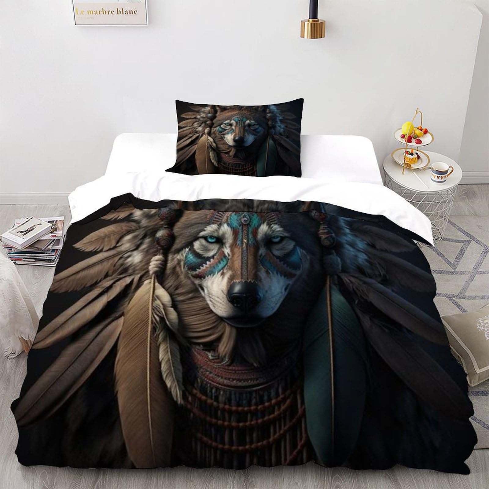 Housse de couette loup sauvage linge de lit animaux microfine fermeture éclair 135x200