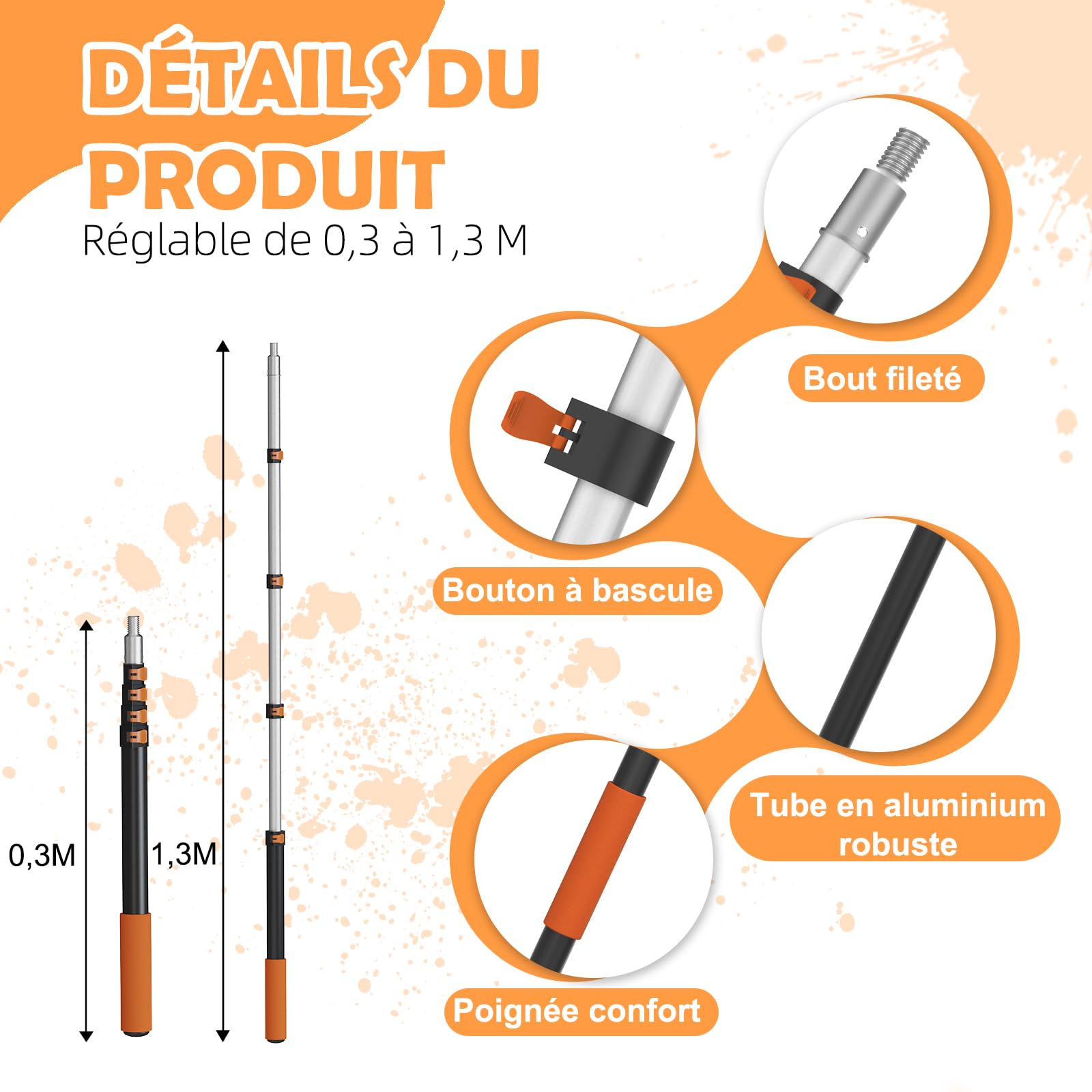 LAANPOLE Rouleau Peinture avec 1,3m Perche Telescopique, 27 Pièces Kit Peinture Mur, Rouleaux de Peinture 23 cm/10 cm pour Murs, Manches Microfibre pour Peinture Professionnelle, Orange