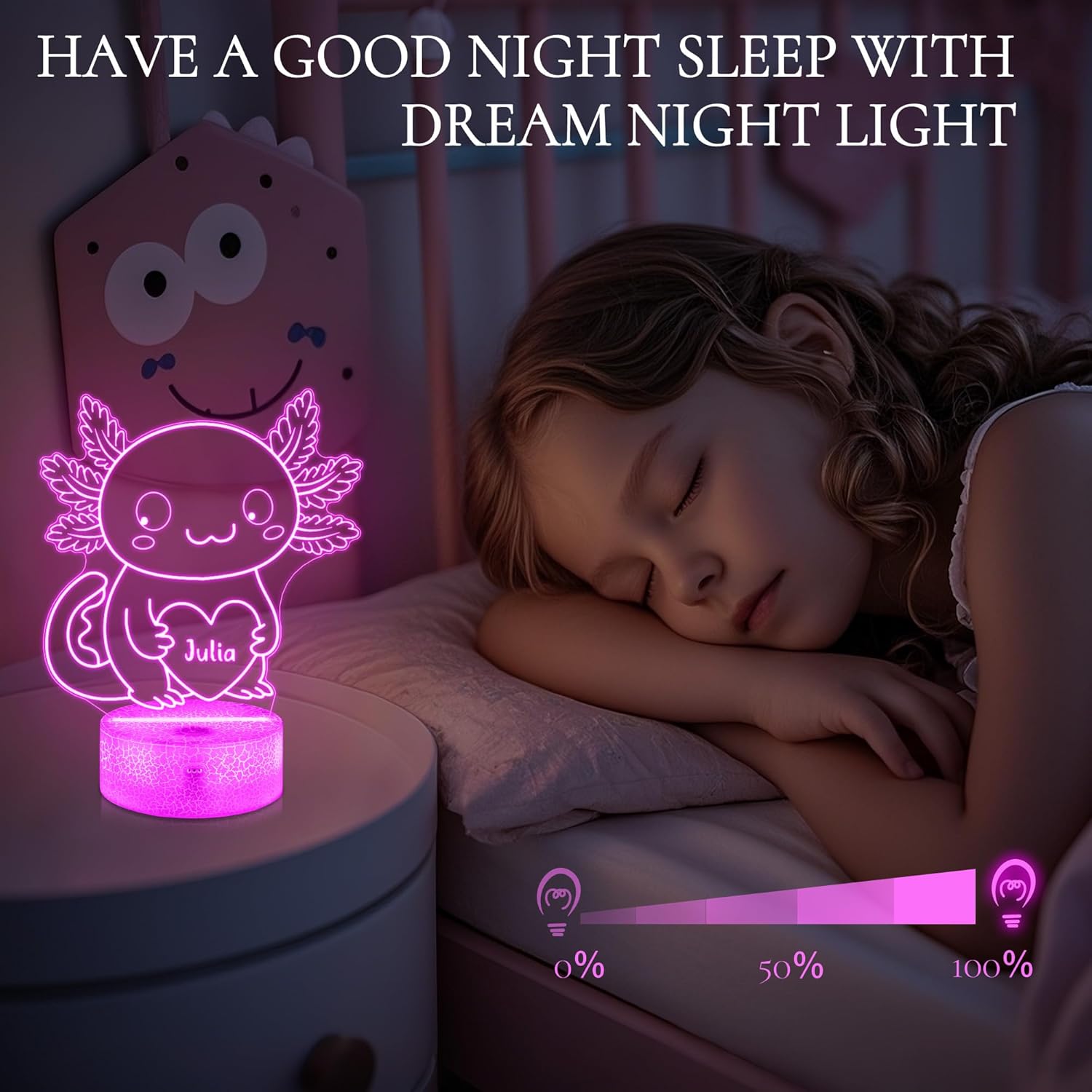 Personalized Axolotl Night Light, Salamander 3D Illusion Lamp Engraved Name Letter with Remote, Kids Bedroom Decor Multicolor Custom Desk LED Lamps, Xmas Holiday Birthday Gifts for Girls Boys
