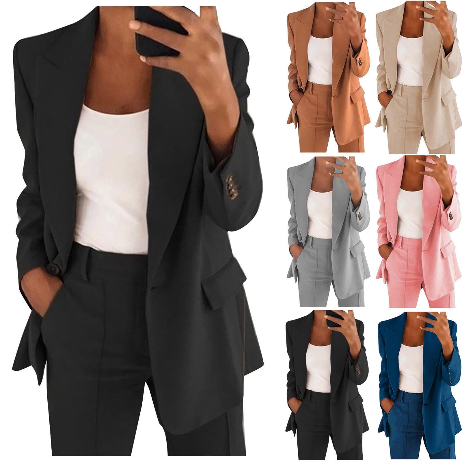 Hosenanzüge für Damen Elegant Business Freizeitanzug 2 Teilig Outfit Cardigan Einfarbig Set Vintage Fashion Blazer Langarm Casual Loungewear Sportlich Locker Jogginganzug Lässige Anzüge