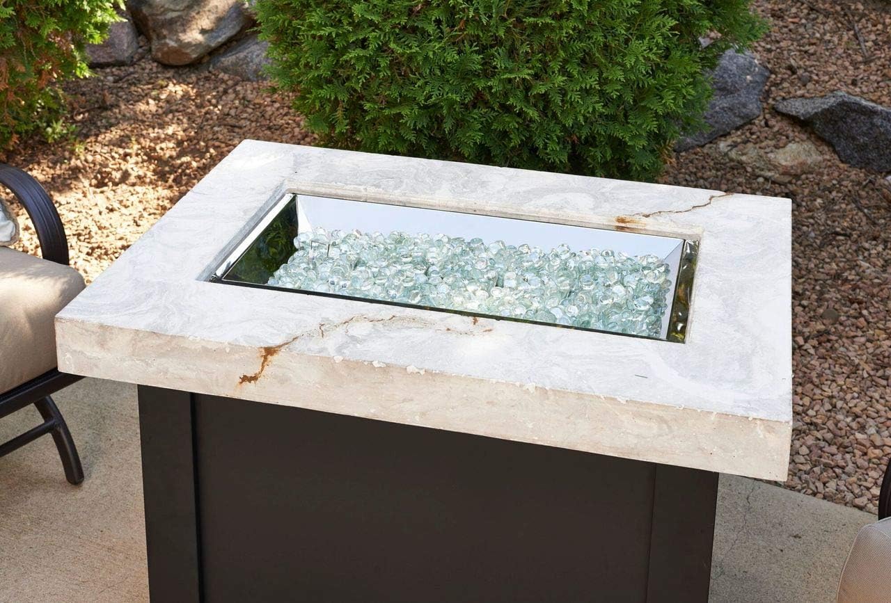 Outdoor Great Room Providence Crystal Fire Pit Table with White Onyx Marbelized Top and Black Metal Base