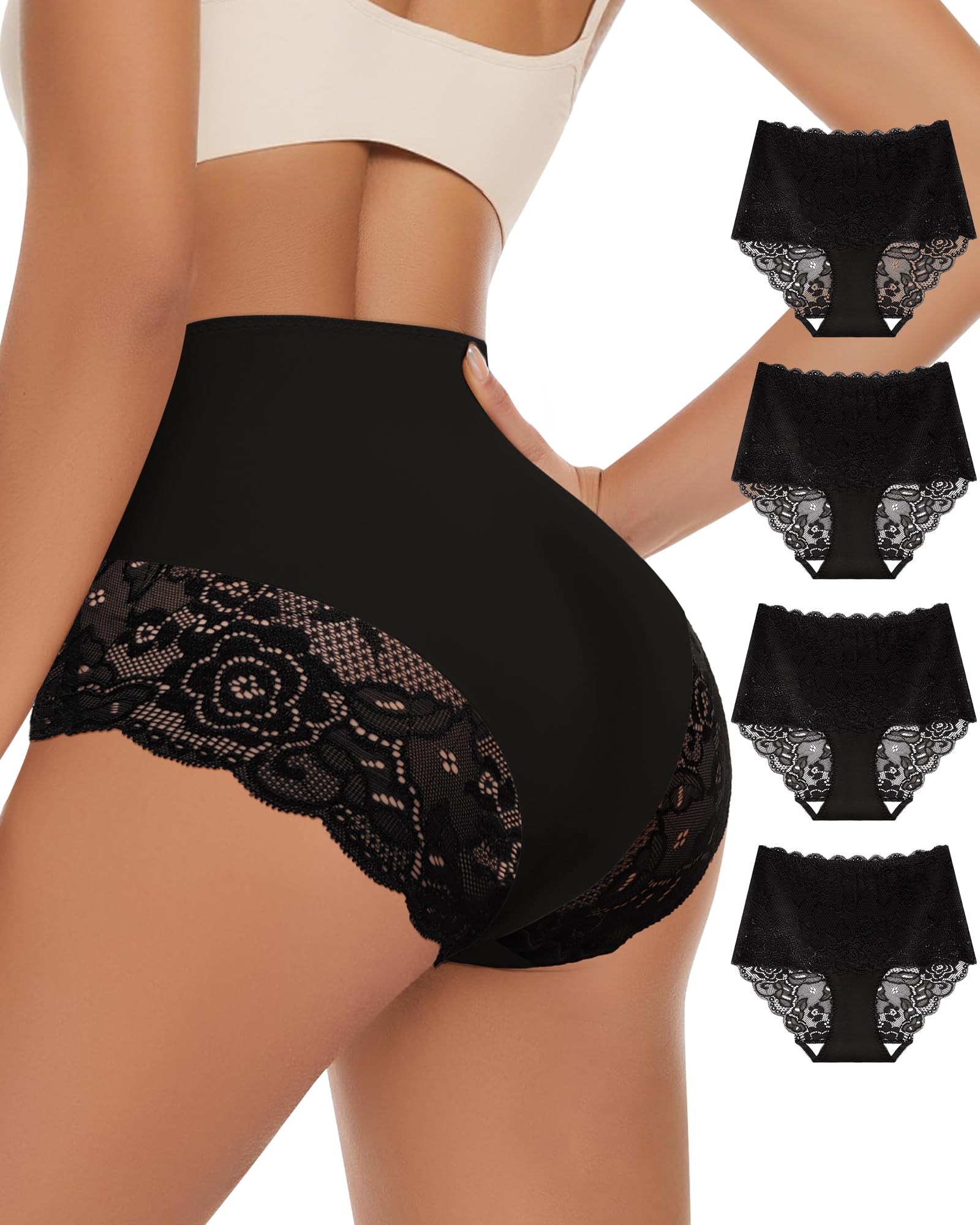 Lot de 4 sans Couture Culotte Taille Haute en Dentelle Elasticité Femme Sexy Slip Respirant Couverture Complète