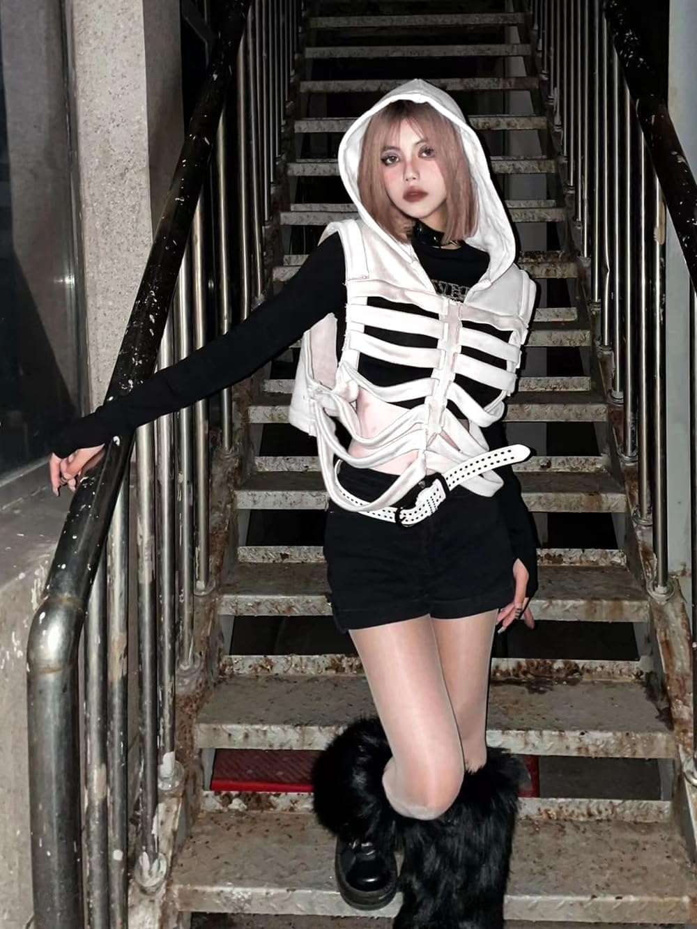 Unisex Oversized Skeleton Hoodie Men Cropped Sleeveless Sweatshirt for Women Goth Halloween Costume Skull Hooded Vest - Image 5