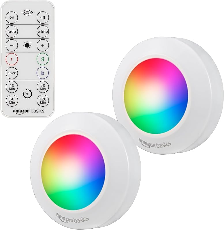 Amazon Basics LED Puck Lights, Color Changing, Battery Operated, IR Remote, 40 Lumens, Under Cabinet Lighting, Wireless Stick on Lights, Ideal for Closets, 2-Pack, White