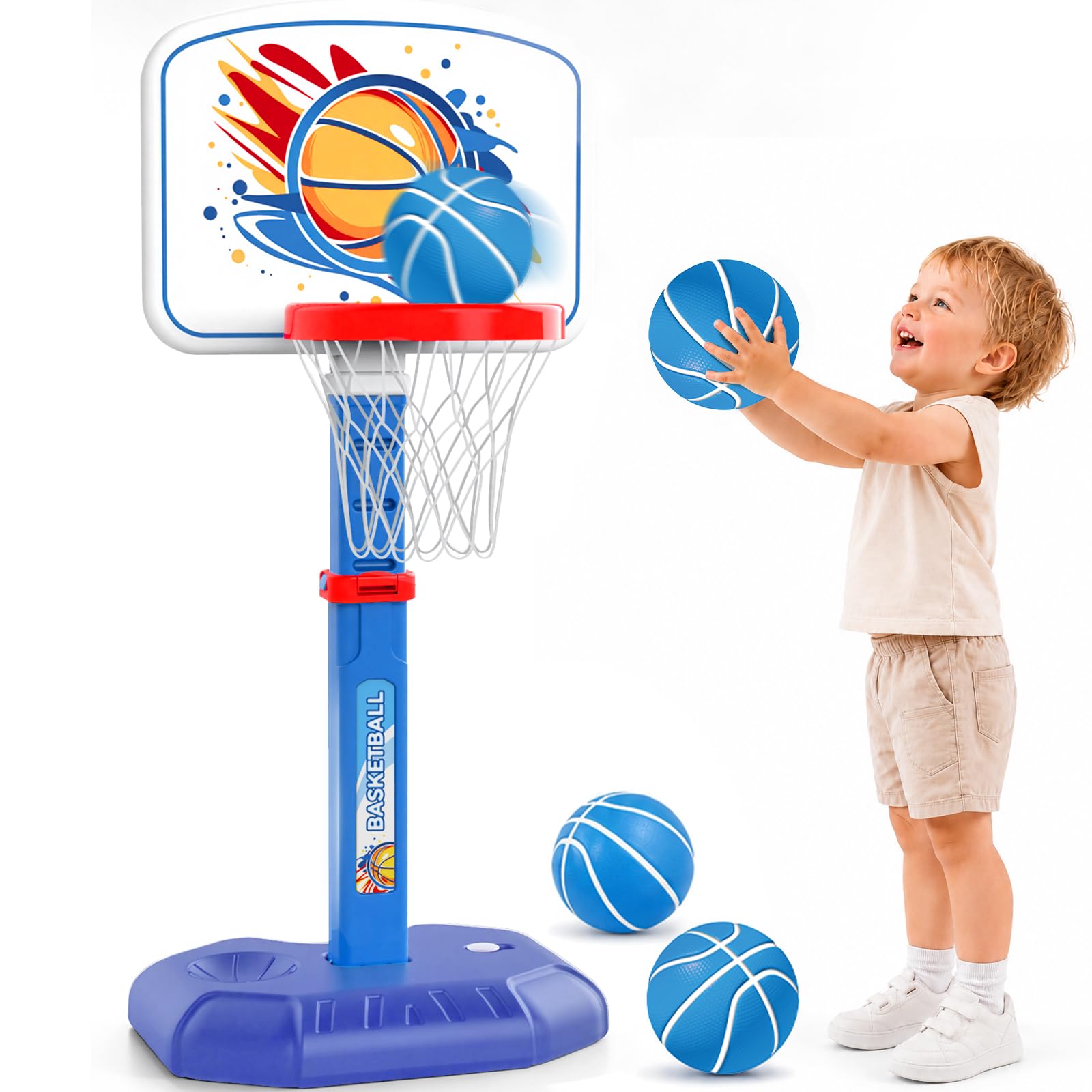 YESHIN Canestro da basket per bambini, per interni ed esterni, portatile, con pannello divertente, regolabile in altezza 77-140 cm, base stabile, 4 palle da basket e pompa, giocattolo per ragazzi e