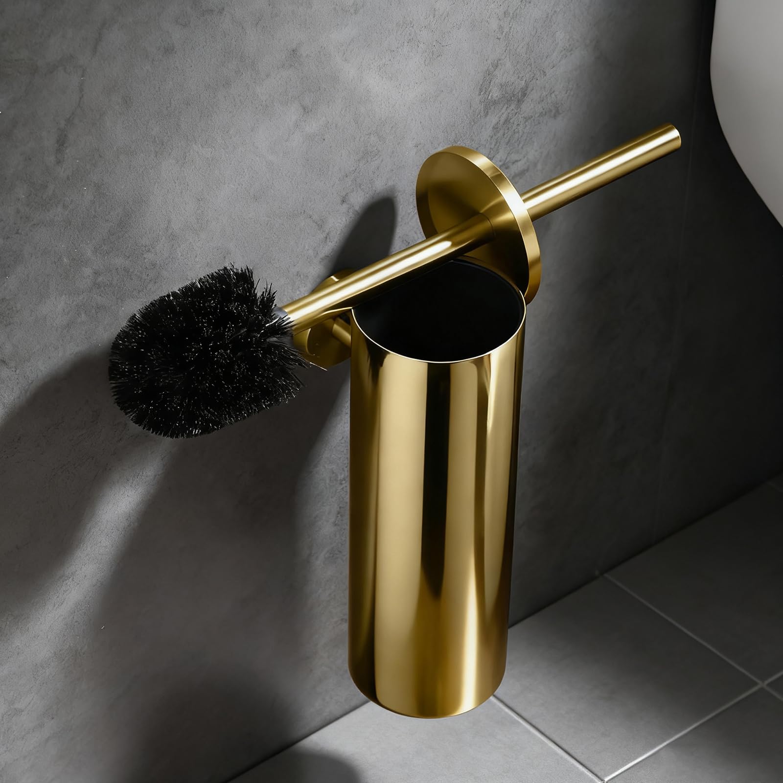 EXLECO Brosse Toilettes WC Mural Gold, Suspendu Balai INOX, Toilette WC avec 1 Têtes de Brosses, Balayette WC Kit et Supports sans Perçage, Porte Brosse WC, Nettoyage Salle de Bain Accessoire
