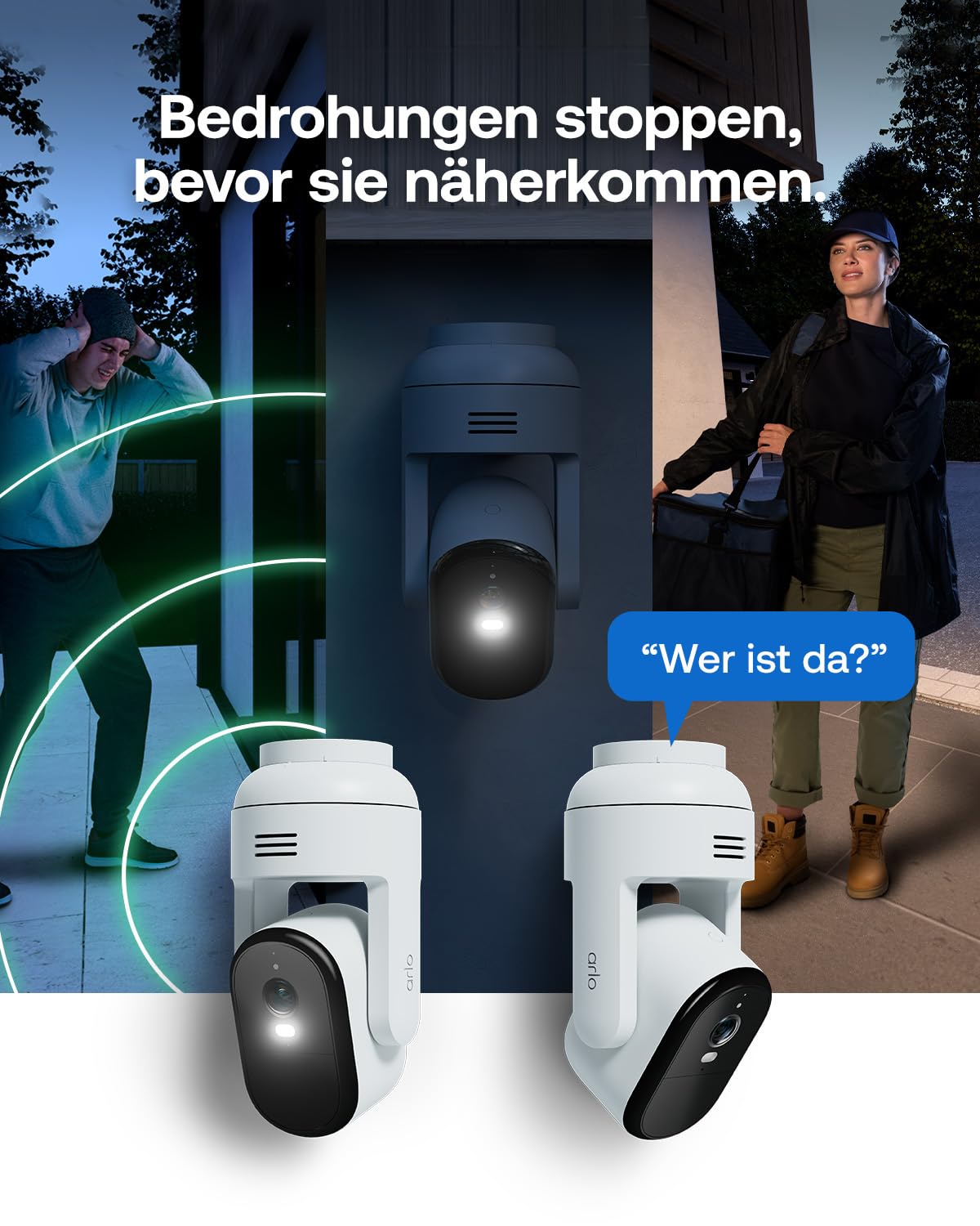 Arlo Essential 3 PTZ 2-Kamera-Set, Überwachungskamera Aussen, PoE Adapter