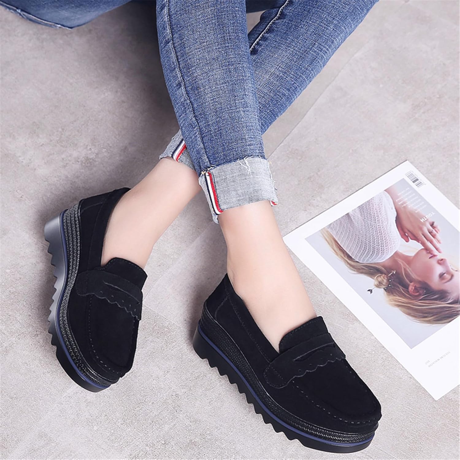 EnllerviiD Women's Slip-On Platform Loafers Comfort Suede Wedge Shoes Casual Thick Soft Business Work Penny Loafers - Image 3