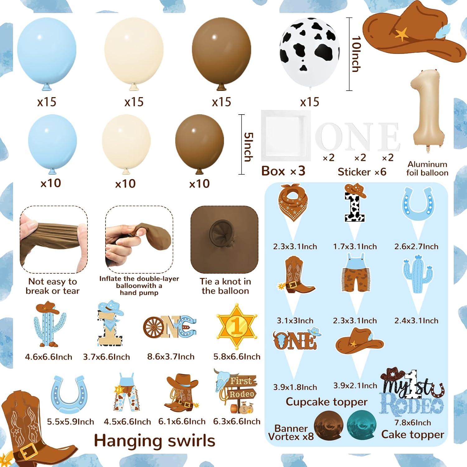 My First Rodeo Decorations Boy-239Pcs Cowboy Blue and Brown Balloon Arch Garland Kit with Tableware,Backdrop,Balloon Boxes for Boy 1st Birthday Party Supplies - Image 2