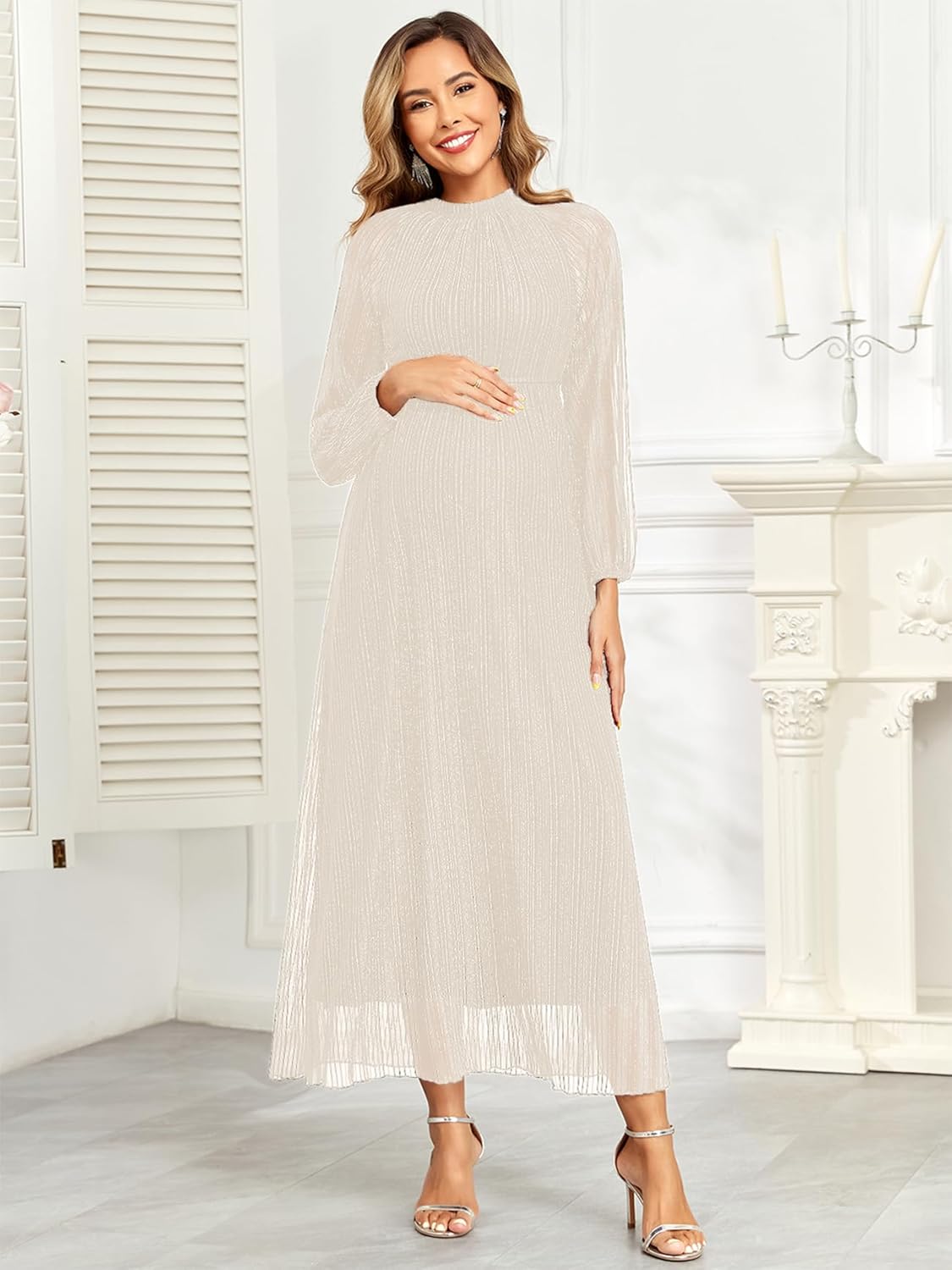 CYCLAMEN Formal Maternity Dress Sparkly Halter Neck A-Line Maxi Gown Baby Shower Pregnancy Photoshoot Wedding Guests, Off-White, S - Image 2