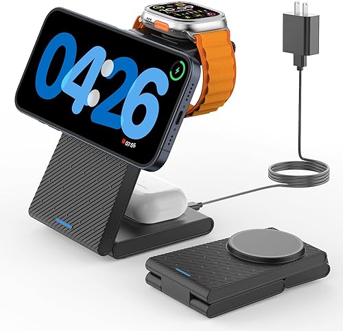 GEEKERA Estación de carga inalámbrica 3 en 1 para Magsafe, soporte de cargador inalámbrico magnético plegable para múltiples dispositivos, cargador