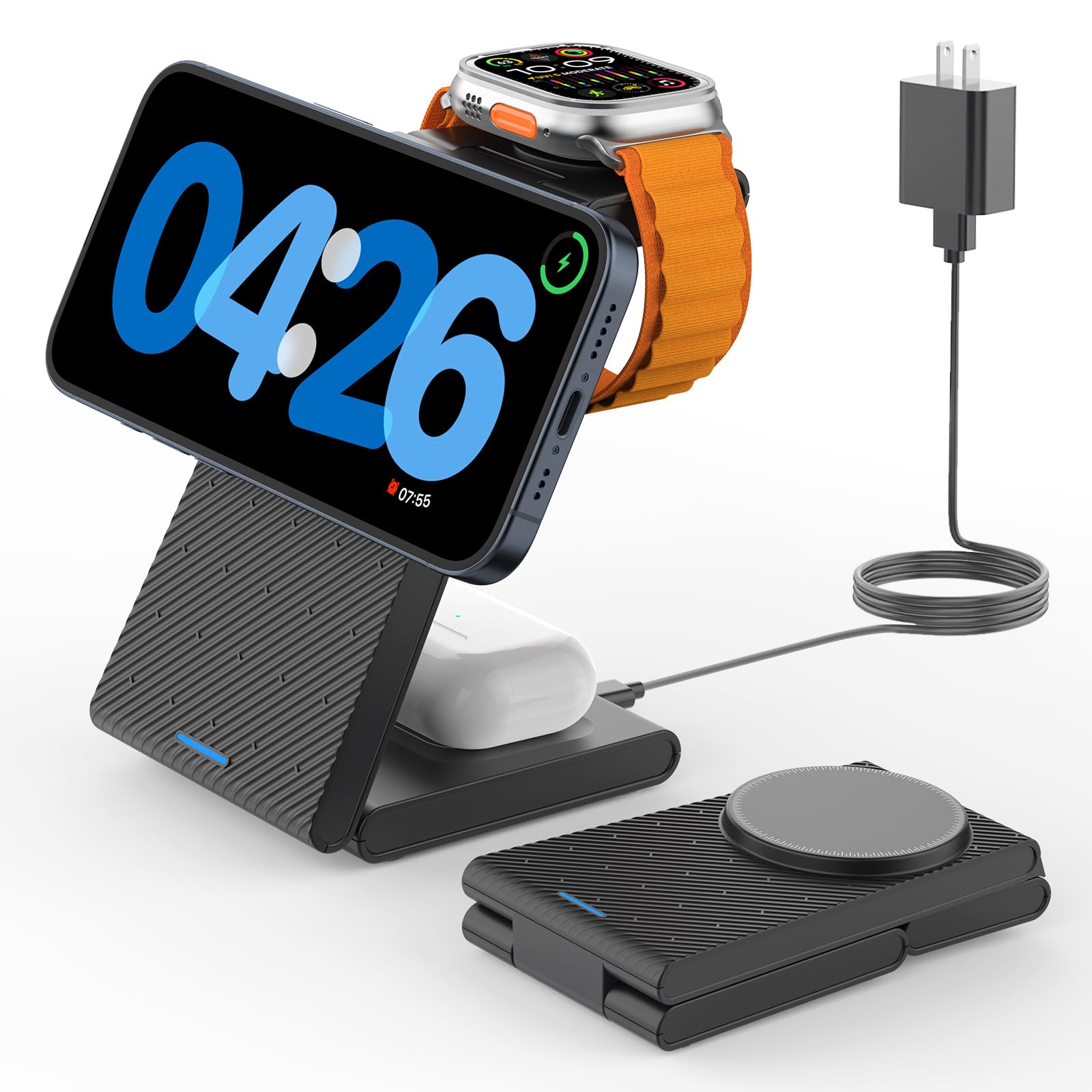 GEEKERA 3 in 1 Wireless Charging Station for Magsafe, Foldable Magnetic Wireless Charger Stand for Multiple Devices, Wireless Charger for iPhone 16/15/14/13/12 Pro Max, Apple Watch, AirPods 4/3/2/Pro