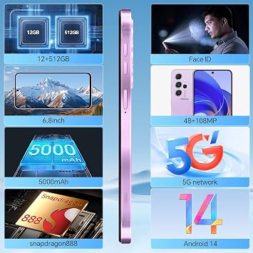 Unlocked Phones RQ55 Ultra, 5G Smartphone, Android 14 Unlocked Cell Phone, 5000mAh Battery, 12GB+512GB, 6.8 HD+ Display, 48MP+108MP Camera, Face ID, Dual SIM, WiFi+Bluetooth