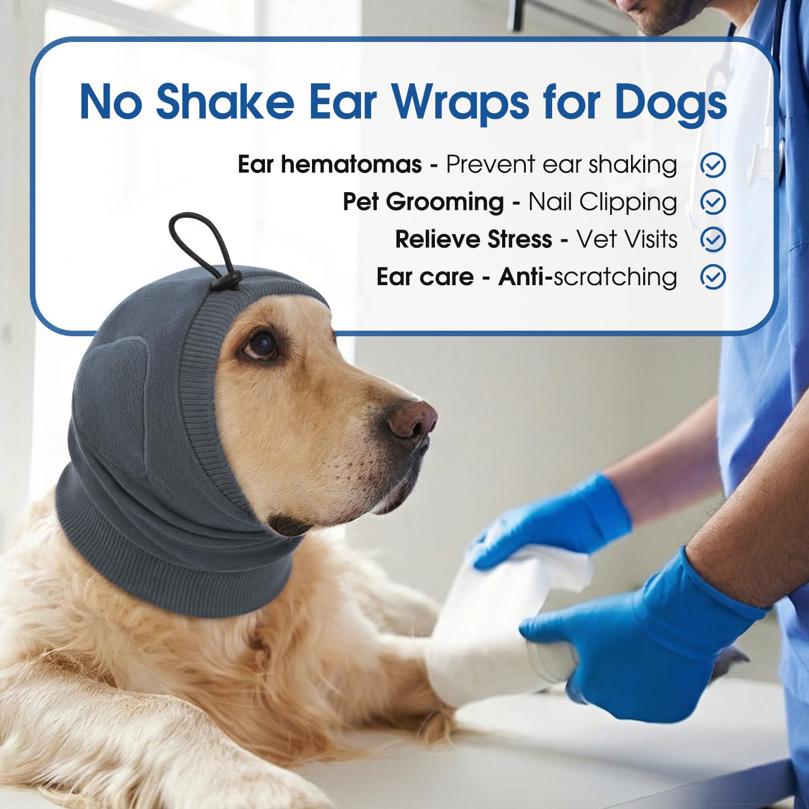No Shake Ear Wraps for Dogs, Adjustable Dog Ear Cover with SoundProof Pads, Anxiety Relief Pet Ear Muffs Noise Protection Dog Calming Hoodie for Hematoma, Grooming, Fireworks, Thunder, Grey L — view 4