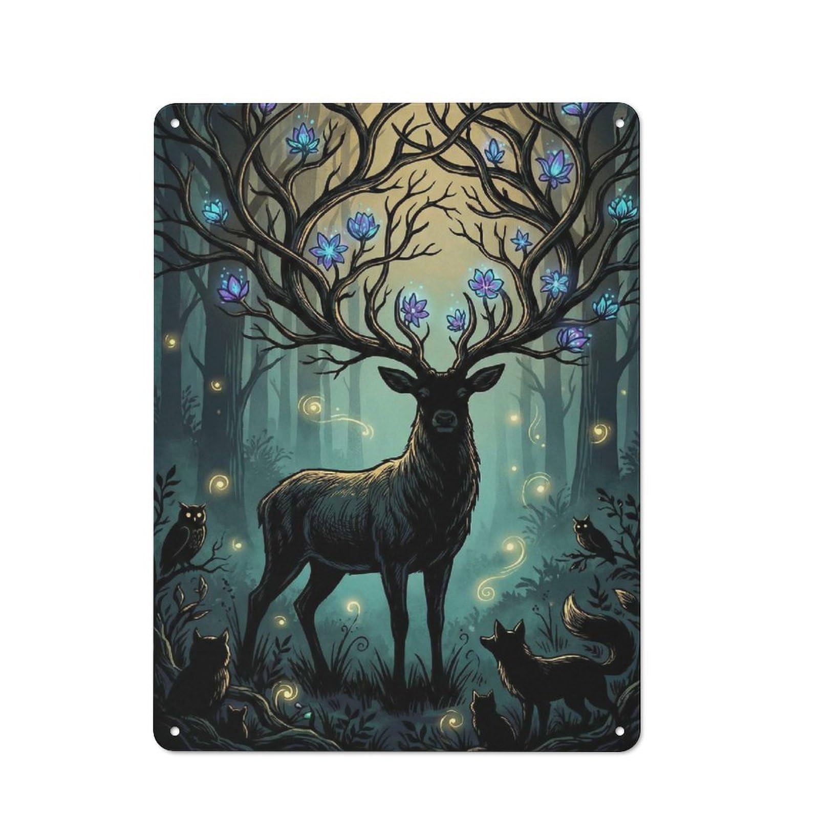 Junmoney Style-18 Enchanted Forest Stag With Glowing Flowers Rustic Metal Sign 40X30cm, Barn Style Farmhouse Wall Decor For Kitchen, Cottage, Porch Or Garden Room