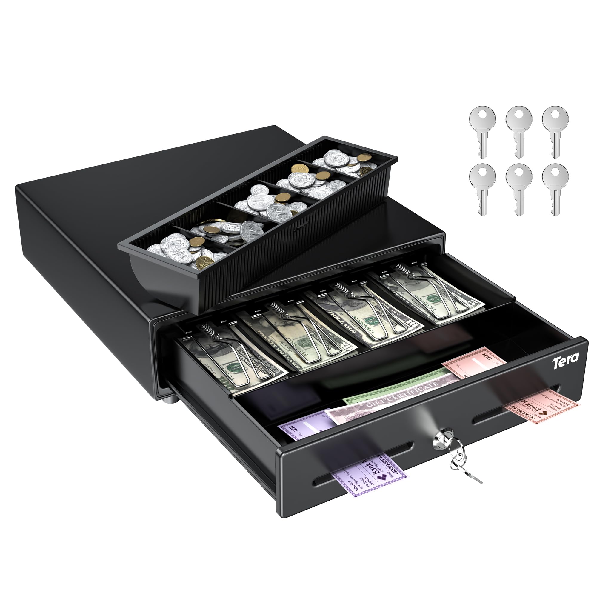 Tera 13" Cash Register Drawer for Point of Sale POS System with 4 Bill 5 Coin Cash Tray 6 Keys Auto Open Removable Coin Compartment Key-Lock 24V RJ12 Interface Media Slot for Small Business 330G