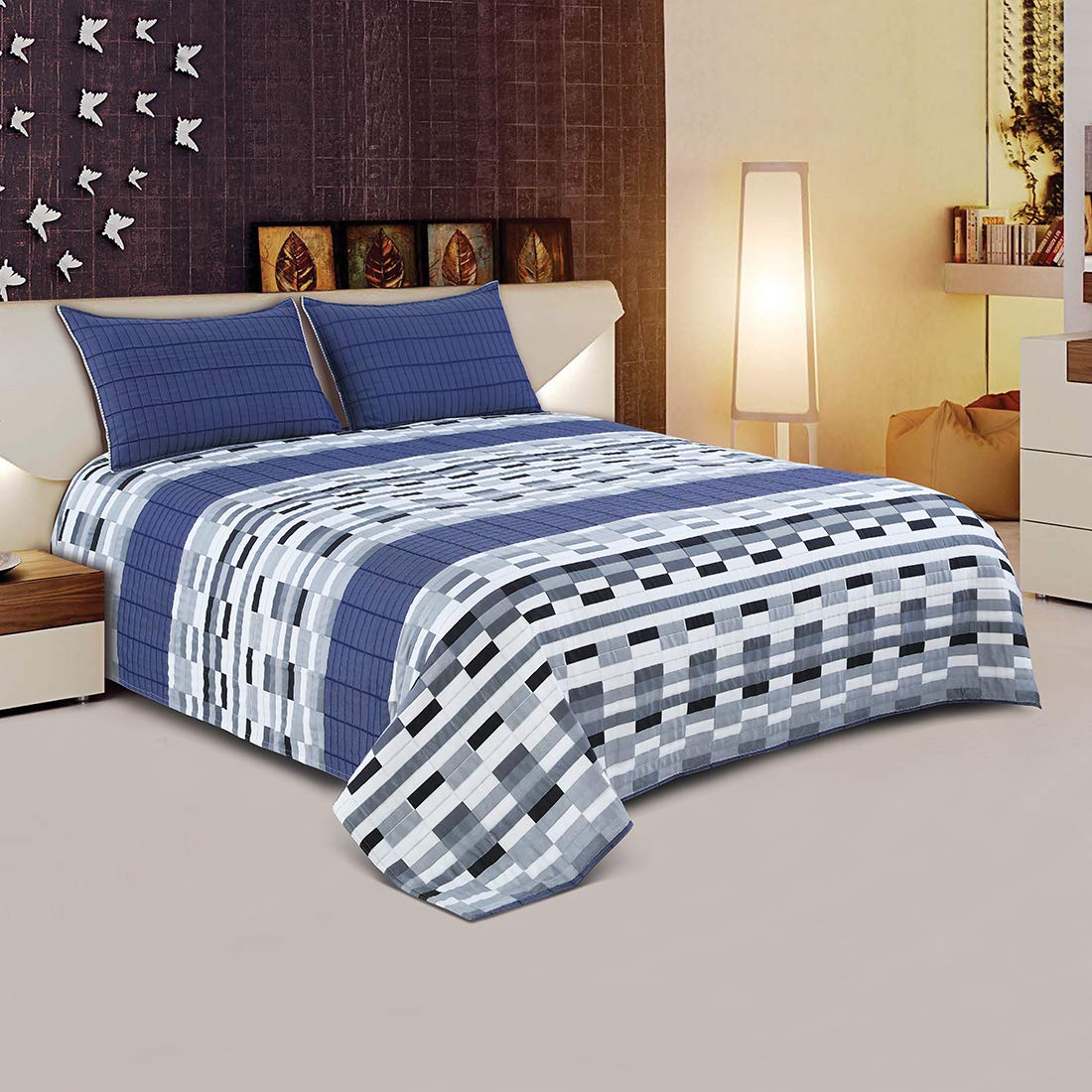 Victor Bedcover for Double Bed with 2 Pillow Covers Viscose Cotton Quilted Jacquard Geometric Printed Dream Runner Plus Bedspread Easy Wash/Fade Resistant & Cooling (106”x108”, Navy Blue)-image-7