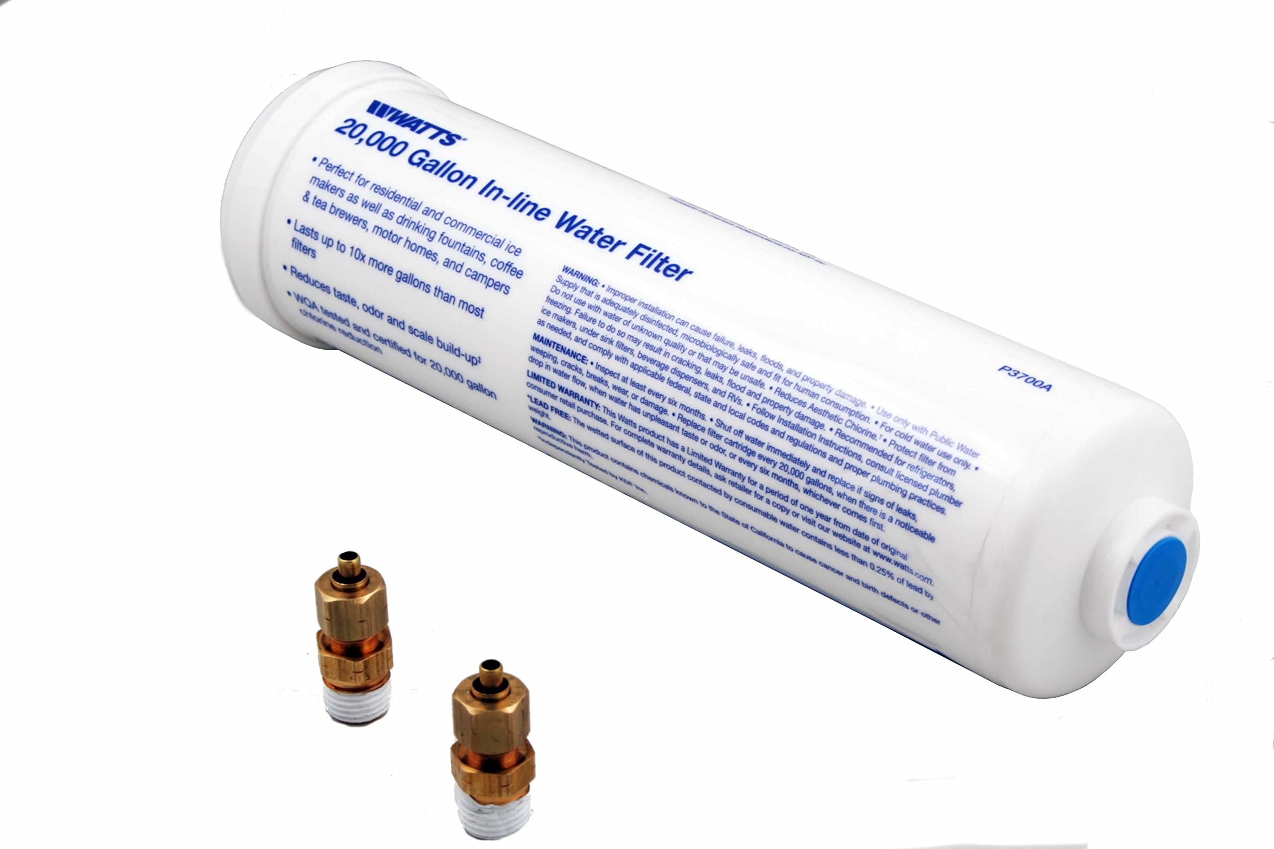 Watts Premier 20,000 Gallon Inline Water Filter with Two 1/4" Brass Connectors for Refrigerator, Ice Maker, RV, Camper, Water Cooler, Fountain, Reduces Bad Taste, Odors, Chlorine and Sediment