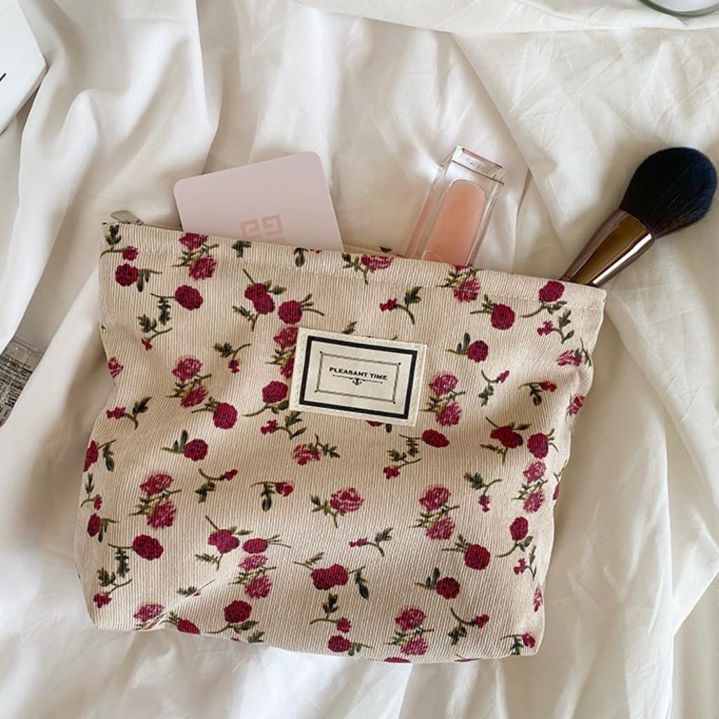 Travel Checkered Makeup Bag, Corduroy Cosmetic Bag for Purse, Small Cosmetic Zipper Pouch Cute Travel Checkered Makeup Bag Gift for Women,Girls (beige flower) image 3