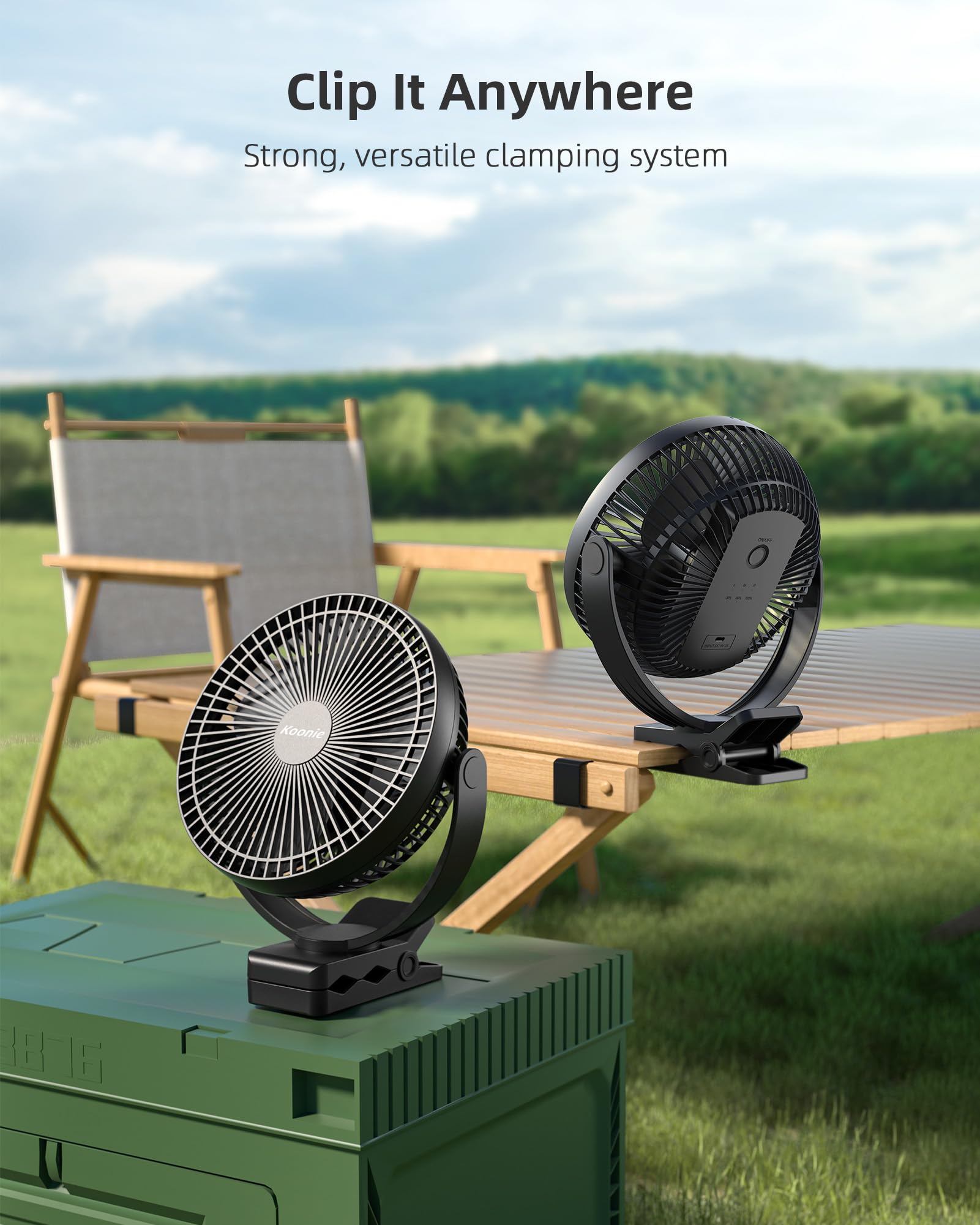 Koonie Ventilador Portátil Recargable de 10000 mAh,Ventilador USB,4 Velocidades & 360° Ajustable, Ventilador de 8 Pulgadas con Batería para el Hogar, Oficina, Gimnasio, Pesca, Camping, Golf
