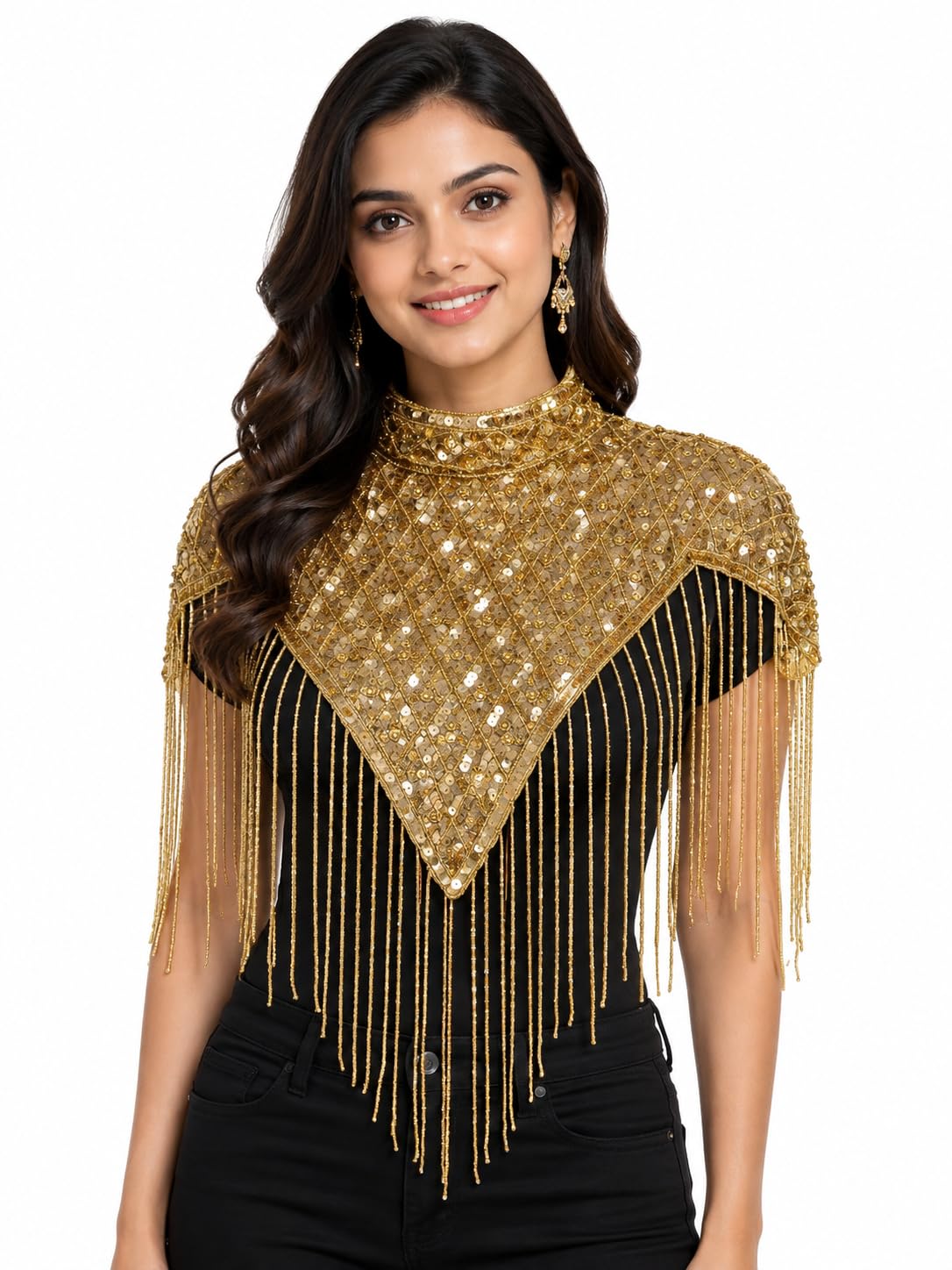 Newly Added Stylist Net Poncho for Women's and Girls White Beads Style Wings Along Round Neck-picture-35