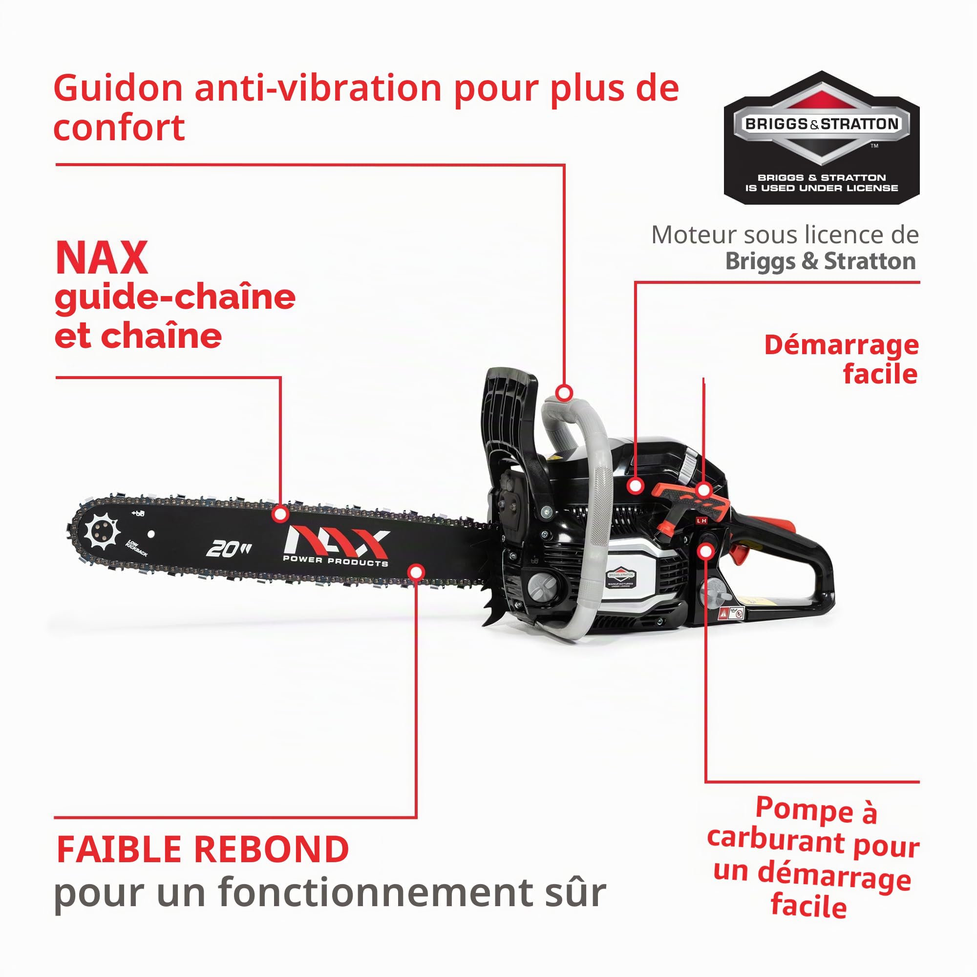 NAX POWER PRODUCTS 500C moteur 61,5 cm3 2 kW Briggs & Stratton produit sous licence guide 20" 50,8 cm système anti-rebond Low Kickback tronçonneuse thermique scie à chaîne