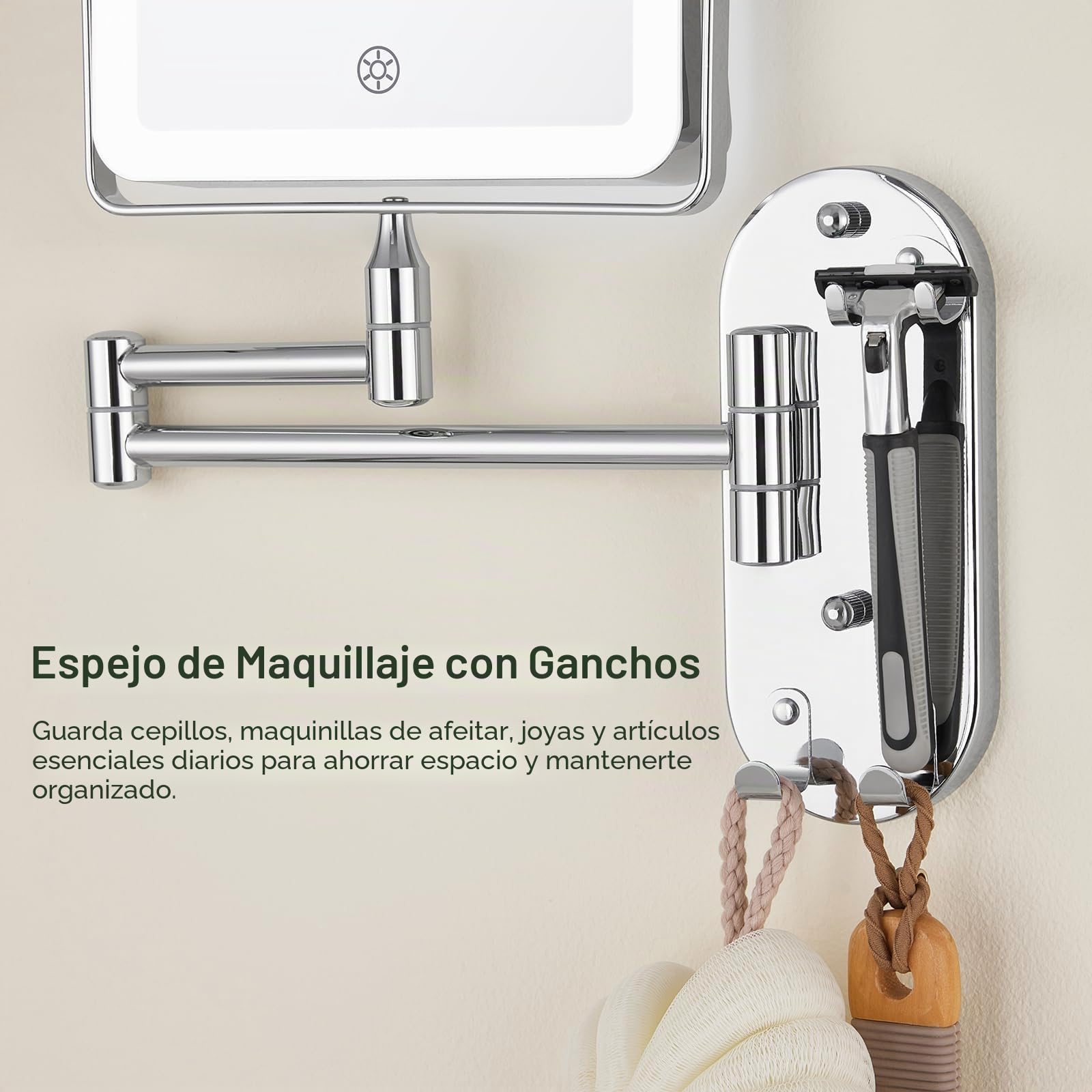 Espejo de Maquillaje con Luz LED Recargable, Espejo de Baño con 3 Colores de Iluminación, Aumento 7X y Brazo Extensible, Giratorio 360°, Espejo de Pared con Atenuación Progresiva y Gancho Integrado