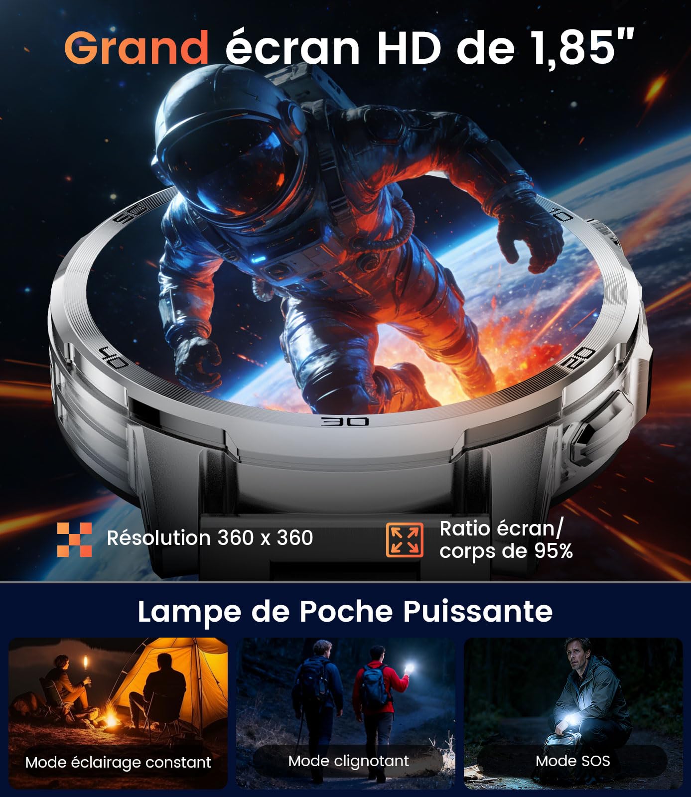 FITFLEX Montre Connectée Homme Appels Bluetooth, Batterie 1000mAh Smart Watch avec 1,85" HD écran, 120+Modes Sportifs, Lampe de Poche, Analyse de la Fréquence Cardiaque et du Sommeil,iOS Android