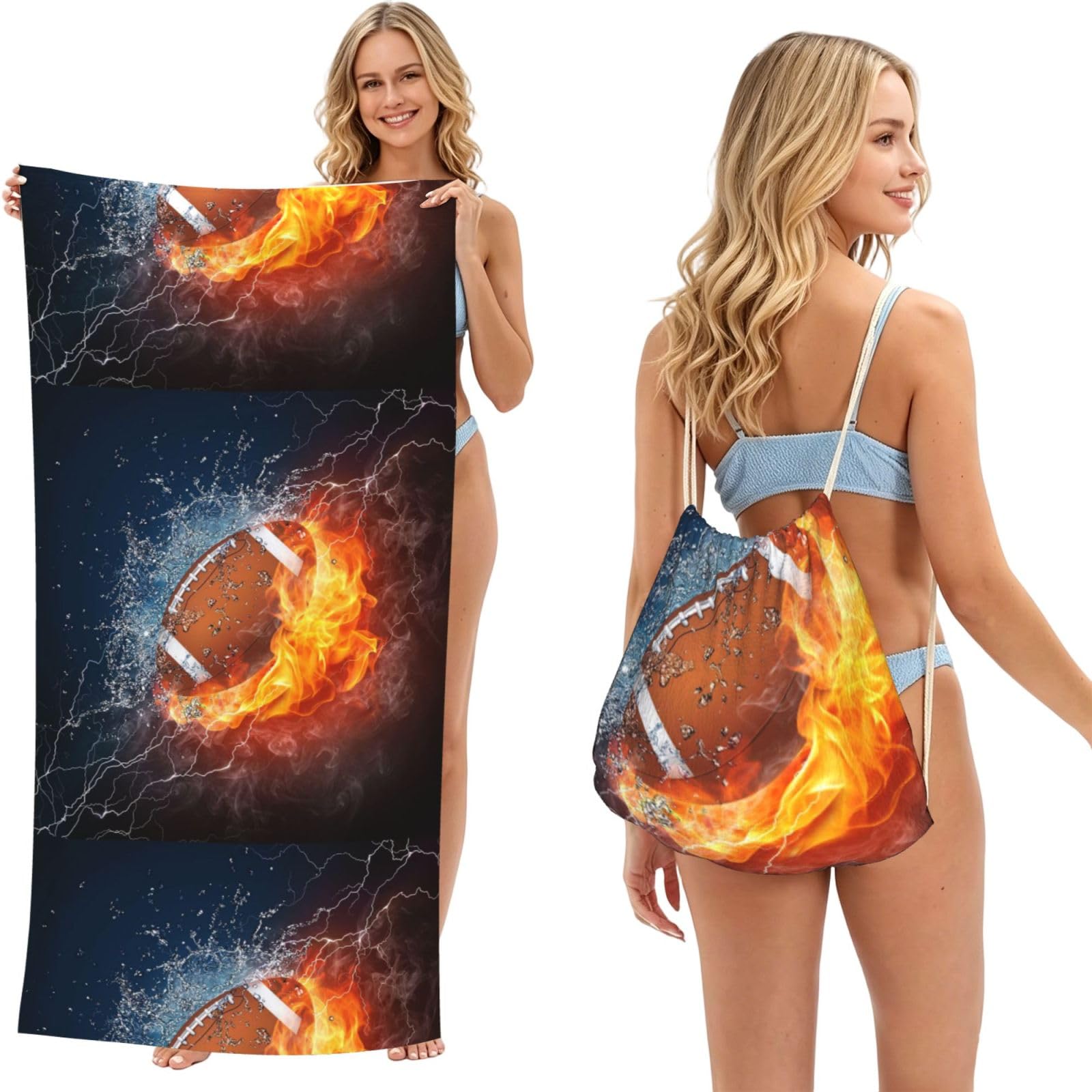 Poadnly As Picture Fire Football, 2 In 1 Packable Towel Bag, Beach Towels With Drawstring Backpack For Travel Holiday Camping