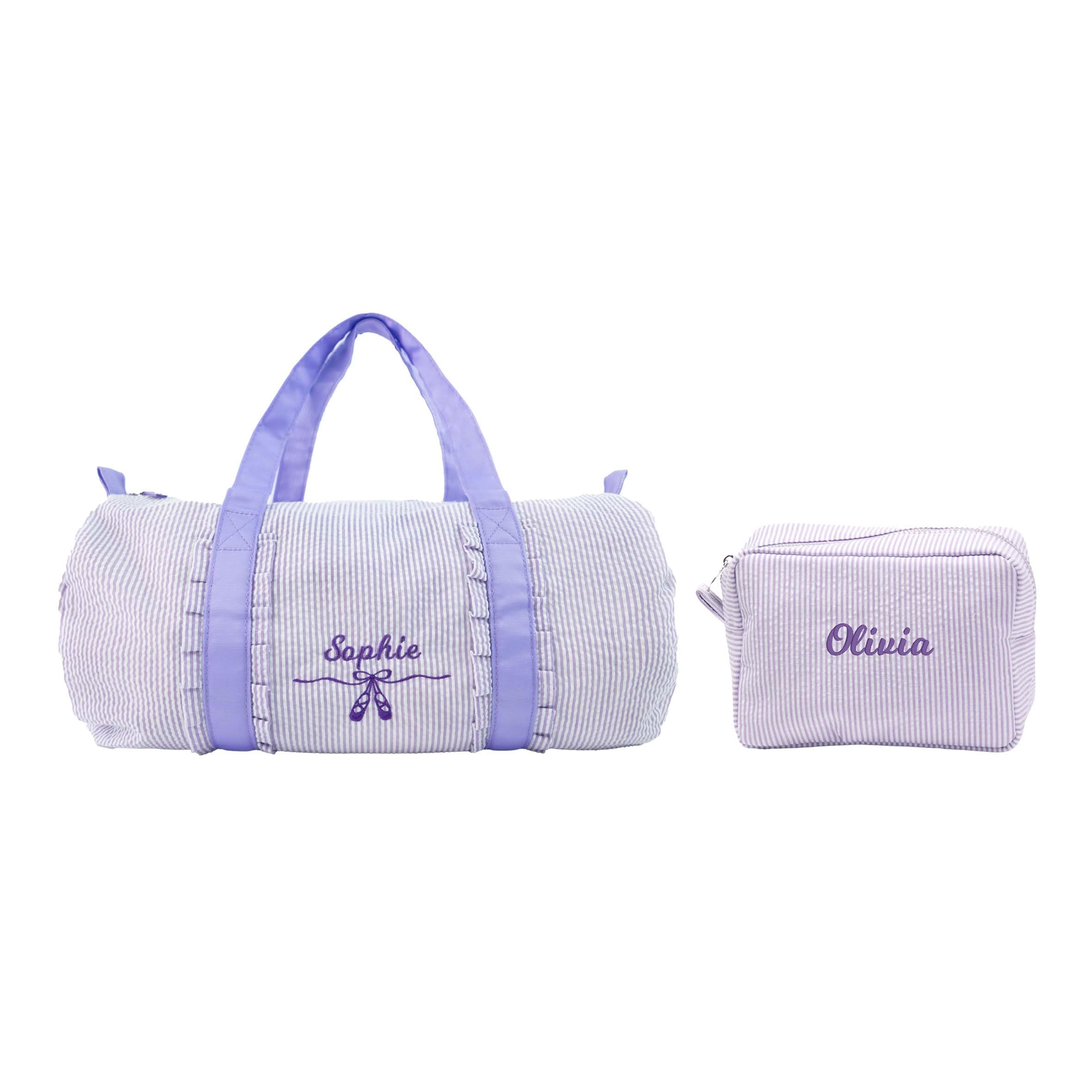 MT WORLD Personalized Girls Duffle Bags with Cosmetic Bag, Seersucker Travel Duffle Set with Name for Weekender Overnight Gym - Custom Child Gifts for
