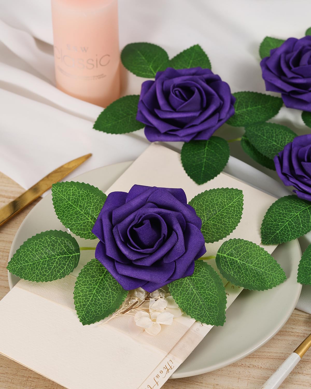 LEUCHTAMOR 25Pcs Artificial Roses Flowers Purple Foam Roses Real Touch Fake Rose Heads for DIY Flower Garland Baby Shower Wedding Bridal Bouquets Table Floral Arrangement Party Home Decoration - Image 2