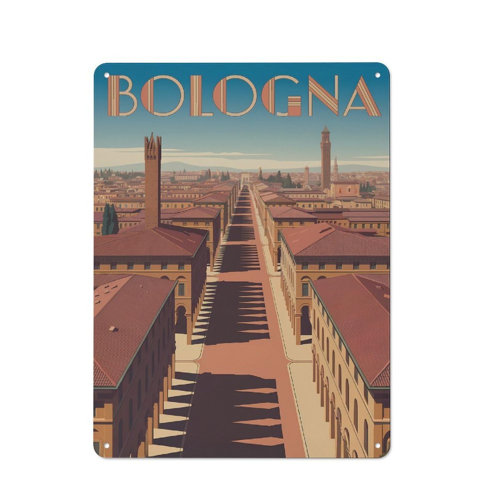 Junmoney Style-4 Bologna Cityscape Art Deco Style Vintage Tin Wall Plaque 40X30cm For Home Bar Wall, For Vintage Wall Decor Fans, For Home Office And Studio Walls