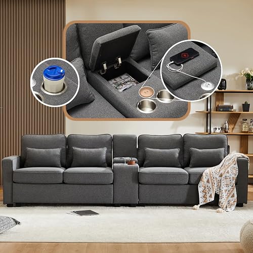 Sofá moderno de 4 plazas con bolsillos para reposabrazos y 4 cojines, con consola, 2 portavasos y 2 puertos USB, en lino, adecuado para muchas ocasiones (Gris Oscuro+USB)
