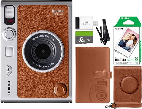 FUJIFILM INSTAX Mini EVO Hybrid Instant Camera + Fuji Instax Film 20 Sheet + Custom Case & Album 32GB Accessory Bundle Brown
